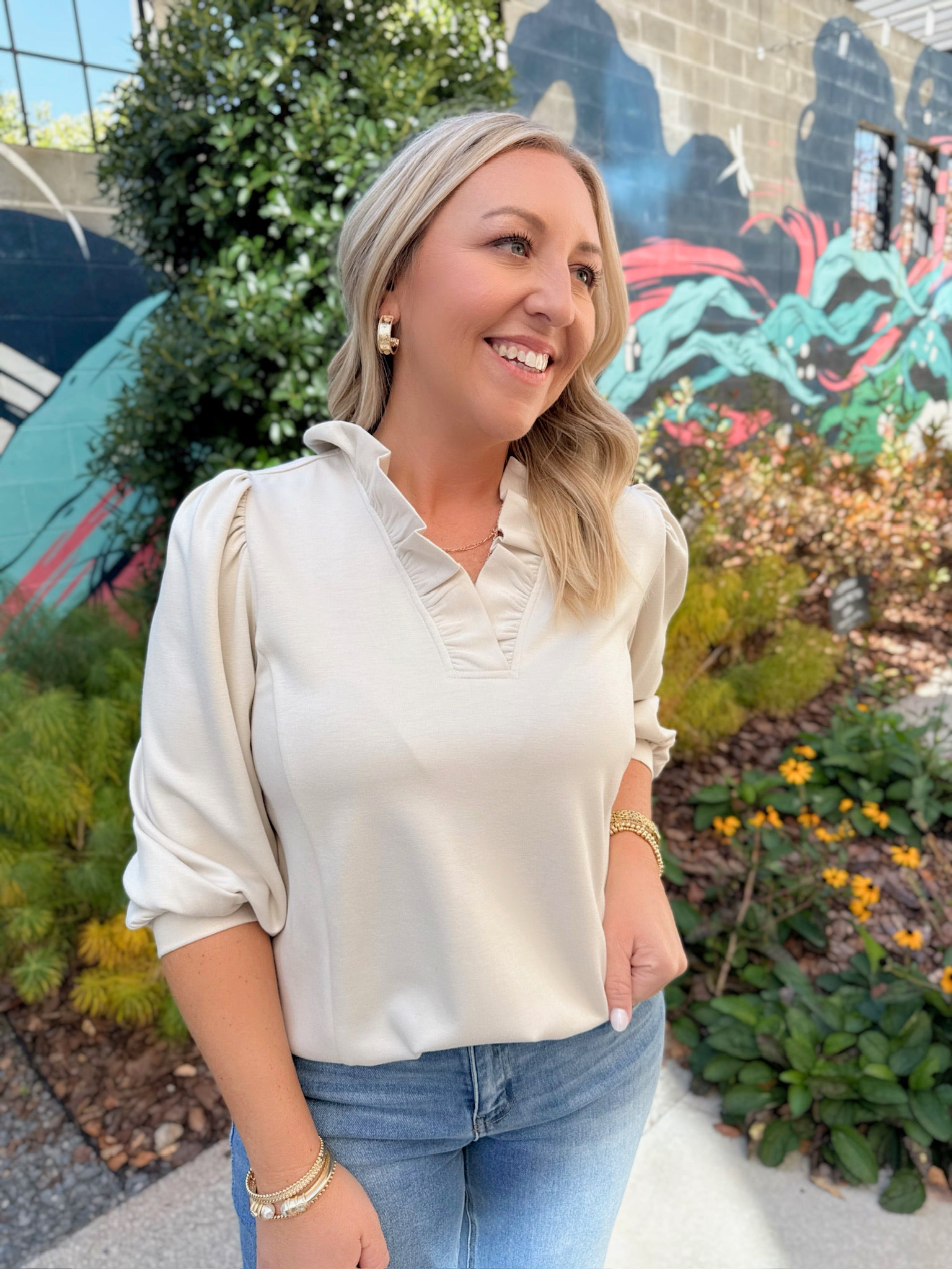 One on You Ruffled Collar 3/4 Length Top