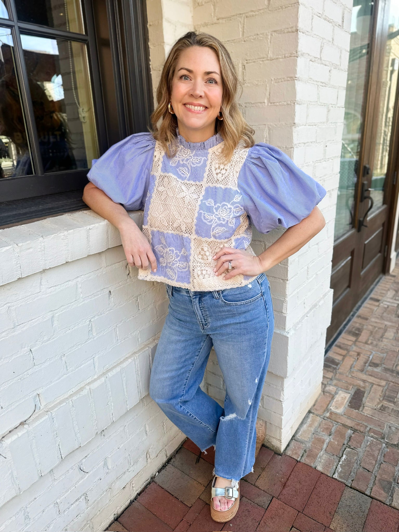 Leave It Up To Me Crochet Patch Detail Blue Striped Puff Sleeve Top