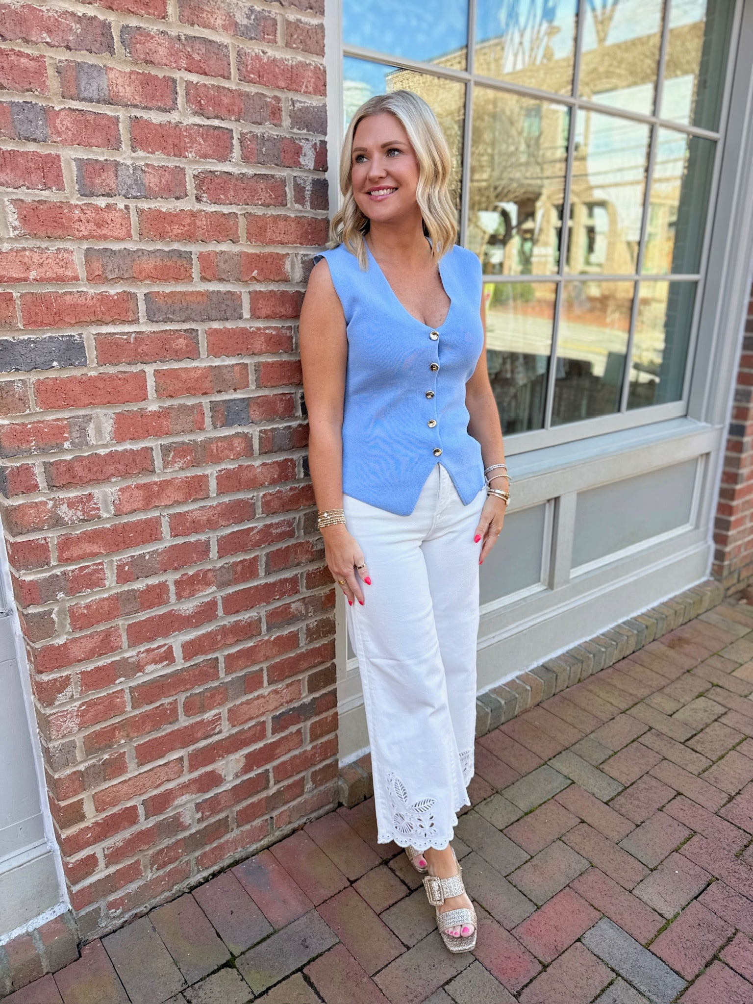 Gabby Front Gold Button Down Vest in Dusty Blue