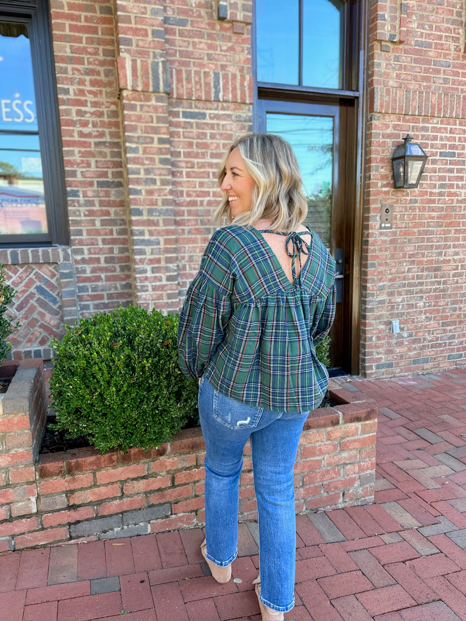 Step into Plaid V-Neck Top with Bow Back