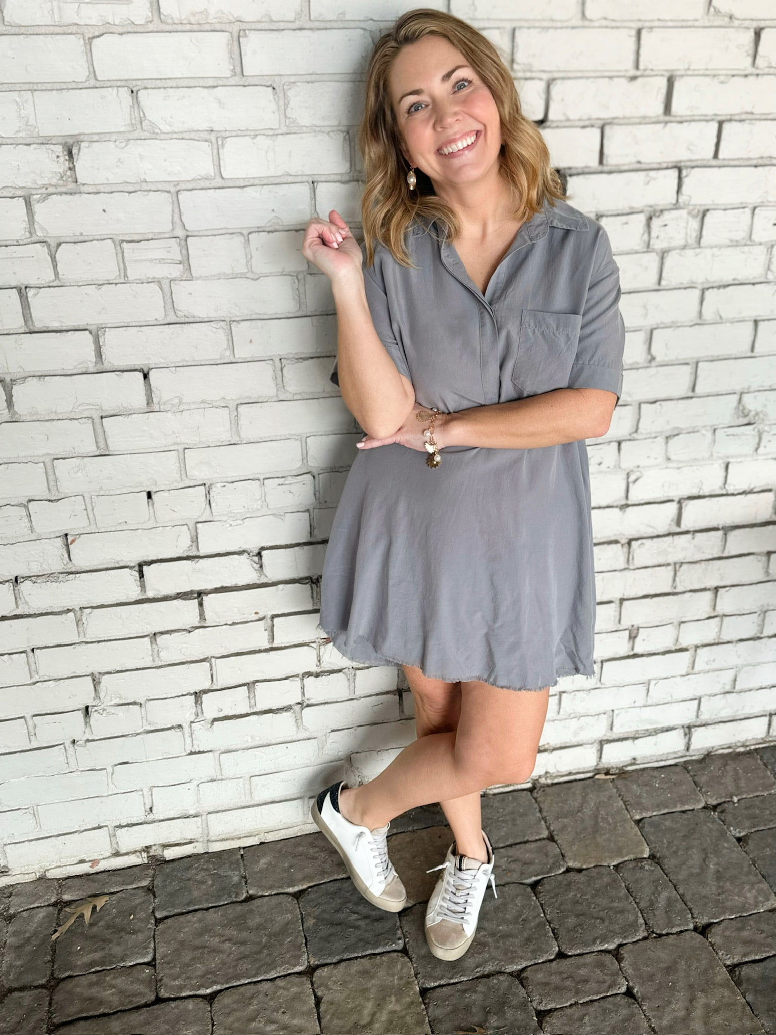 It's Been Awhile Washed Grey Short Sleeve Denim Shirt Dress