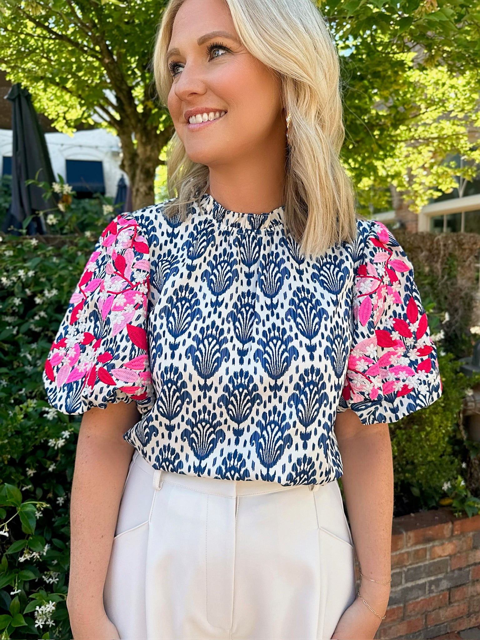 Impressing the Pattern Embroidered Puff Sleeve Top