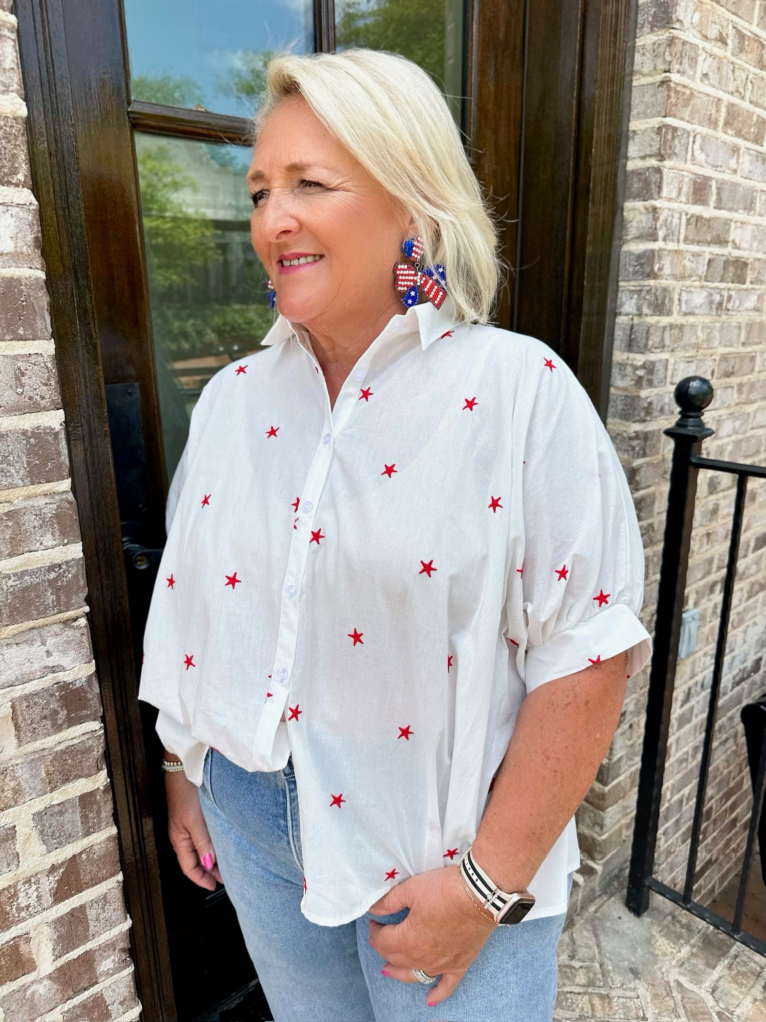 Stars All Over White Button Down Collard Top