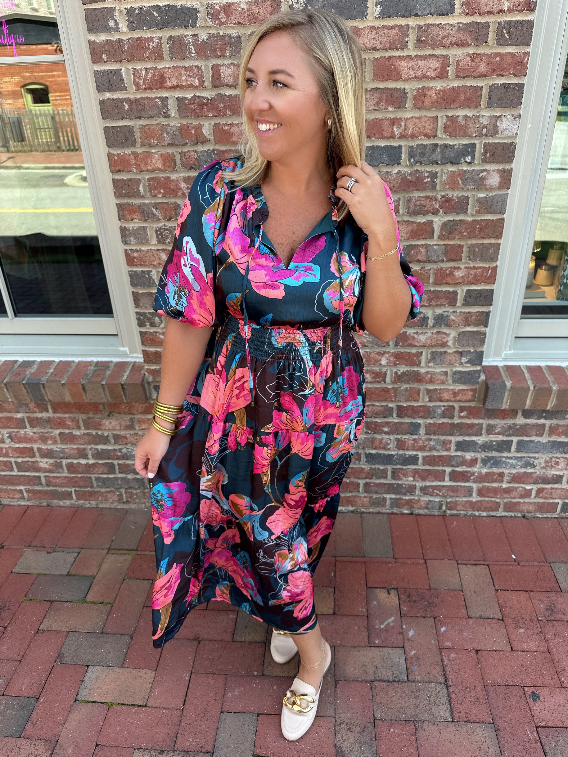 Pretty In Floral Midi Print Short Sleeve Dress