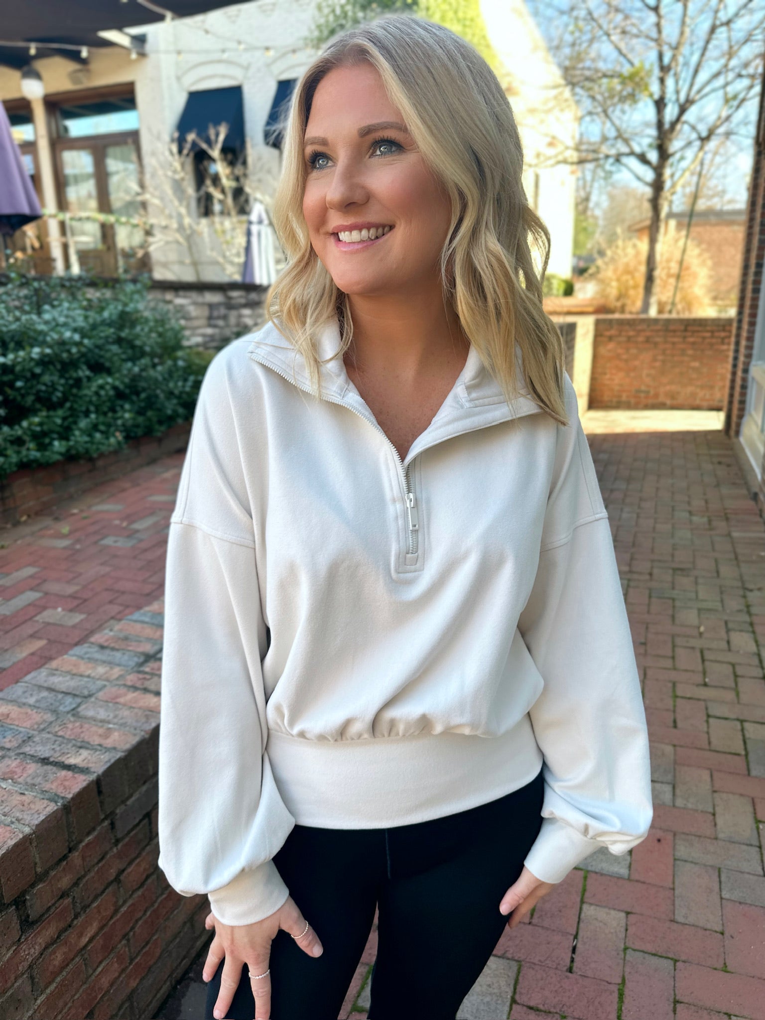 The Emily Long Sleeve Ribbed Quarter Zip Top- Bone