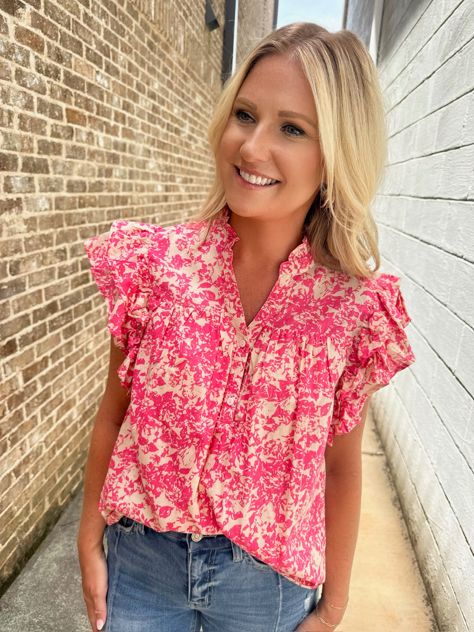 Pink Peacock Floral Ruffle Sleeve V Neck Top