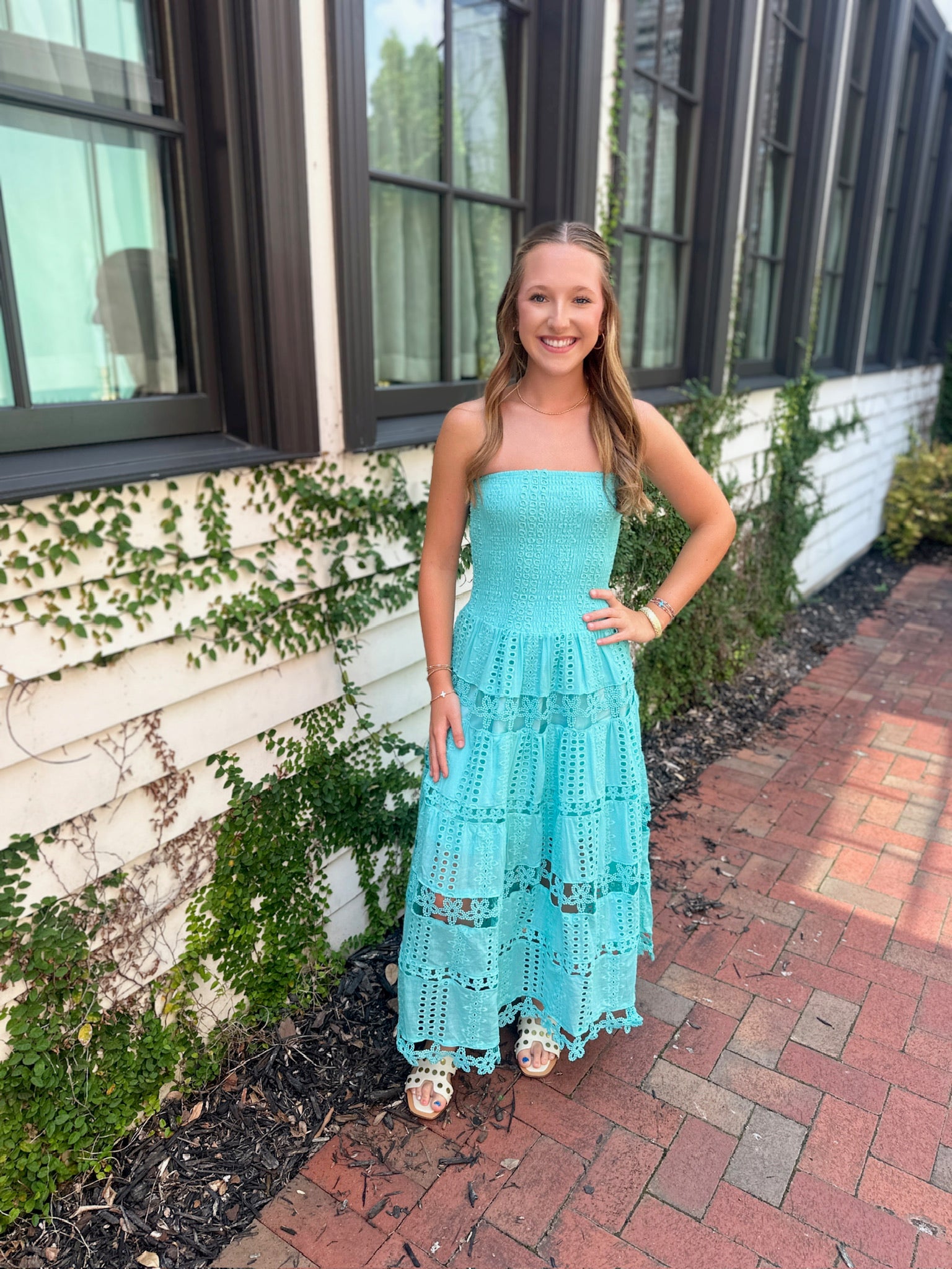 Going To Love Tiffany Blue Eyelet Lace Tube Top Midi Dress