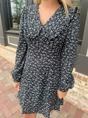 We Love Floral Collared V Neck Puff Long Sleeve Dress