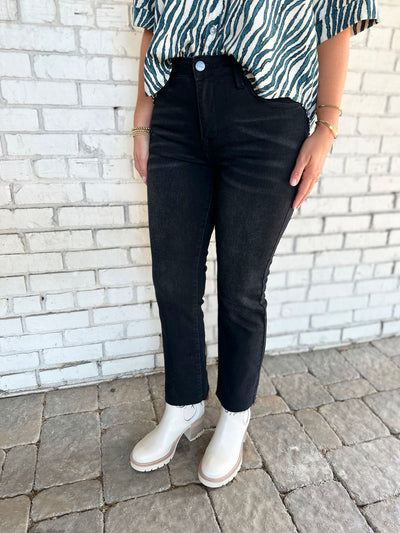 You Look Perfect Mid Rise Raw Edge Straight Leg Jeans