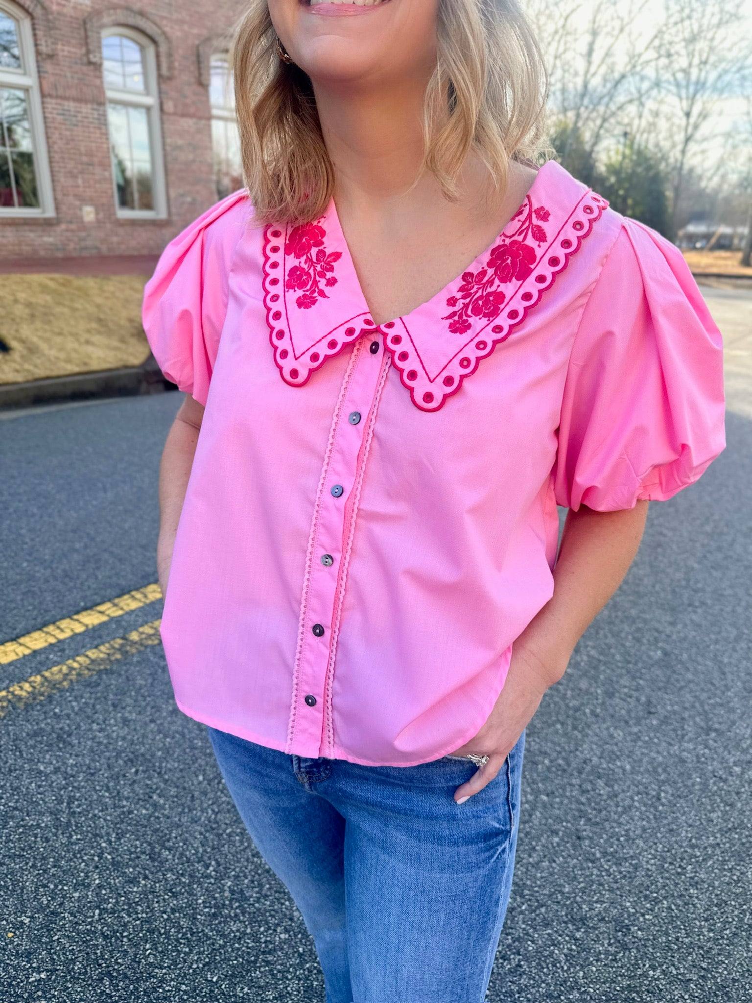 This Will Be Eyelet in Red Bubble Short Sleeve Pink Top