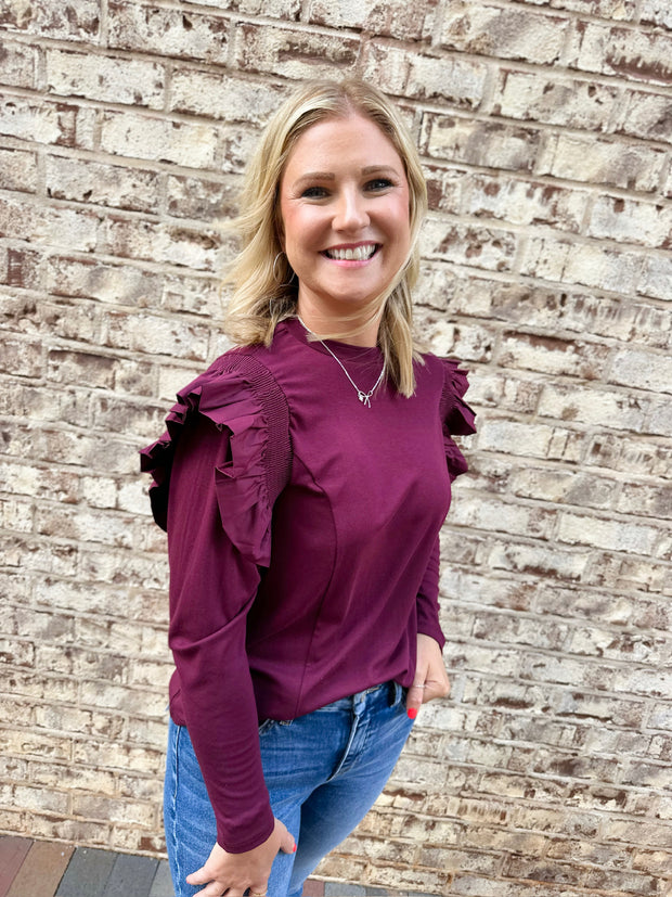 All The Lonely Nights Wine Solid Round Neck Ruffle Detail Long Sleeve Top