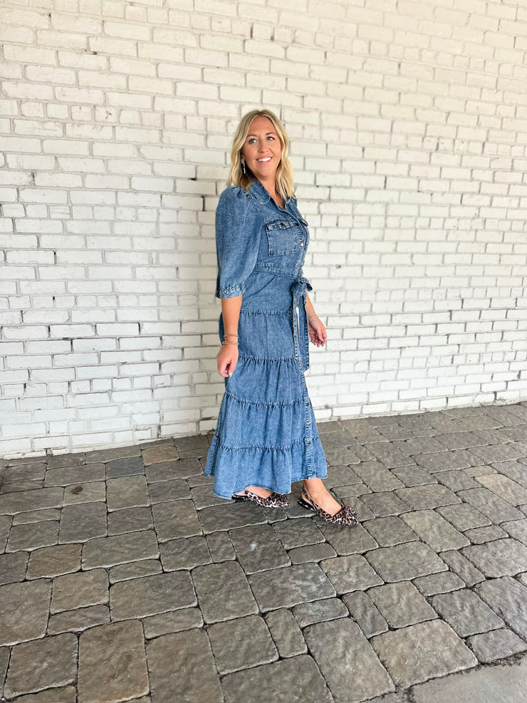 Just You And Me Denim Button Down Midi Dress