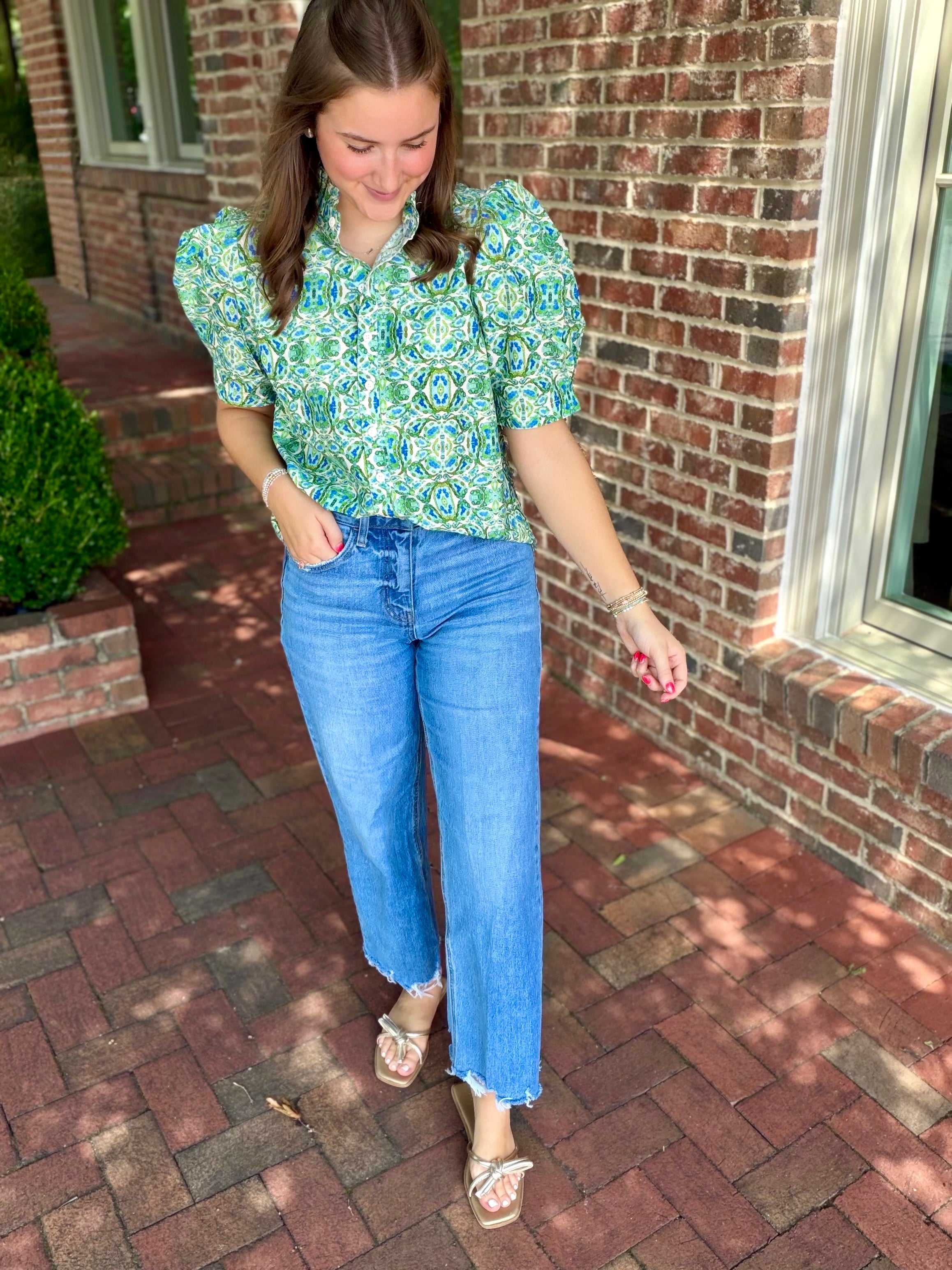Emerald Bloom Bubble Sleeve Top