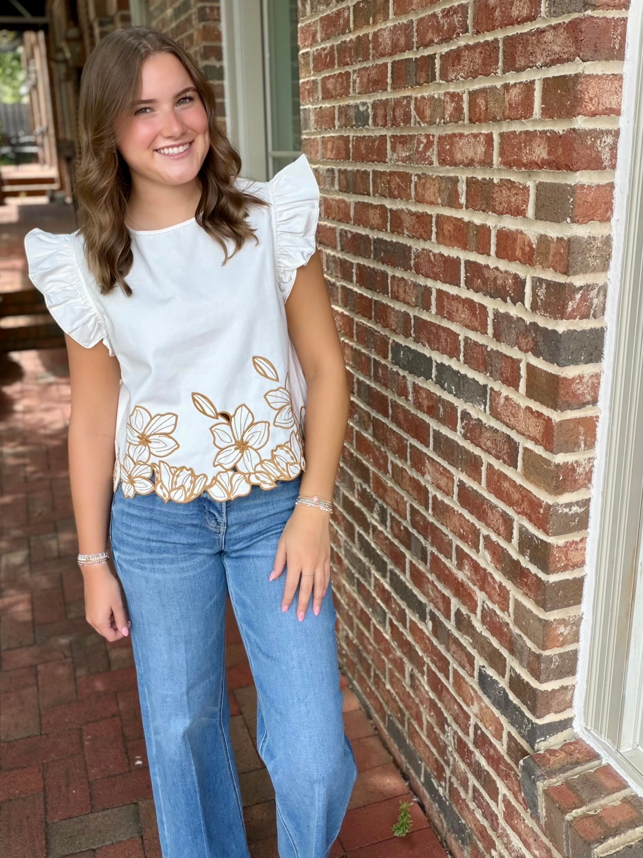 Saw You in Florals Cut-Out Embroidery Twill Ruffle Top