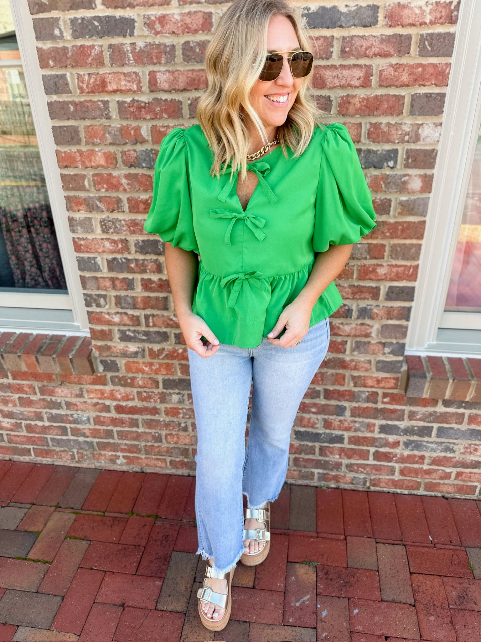 Settle On Down Bubble Sleeve Bow Front Top in Green