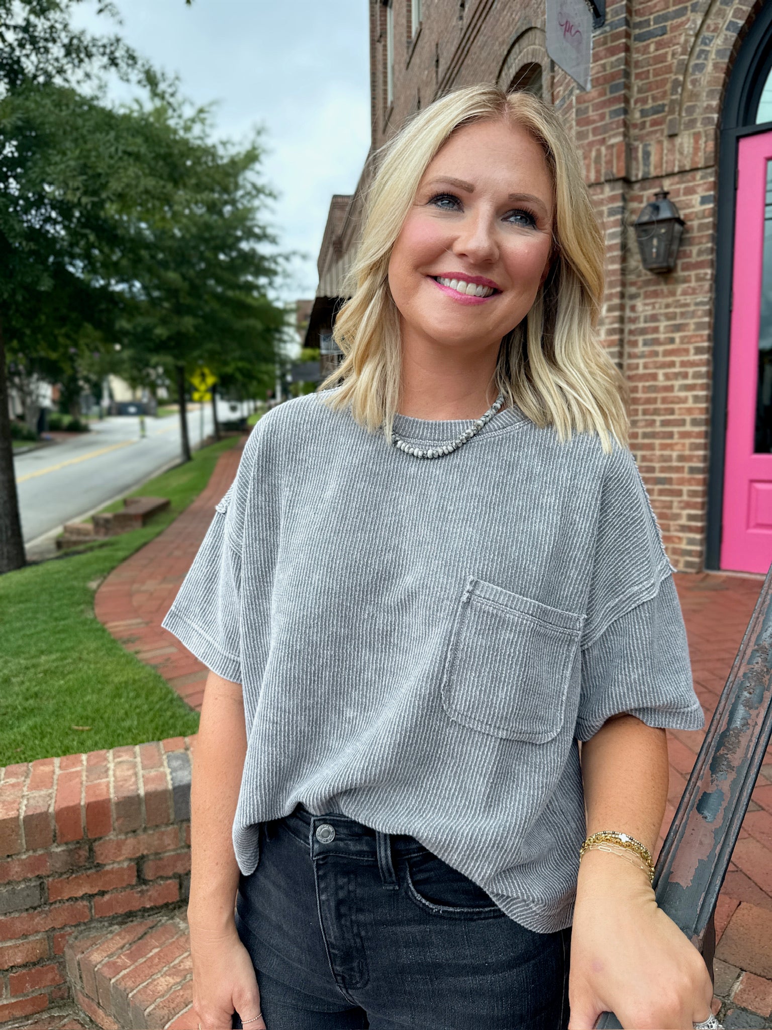 Out on the Road Washed Ribbed Top with Pocket in Grey