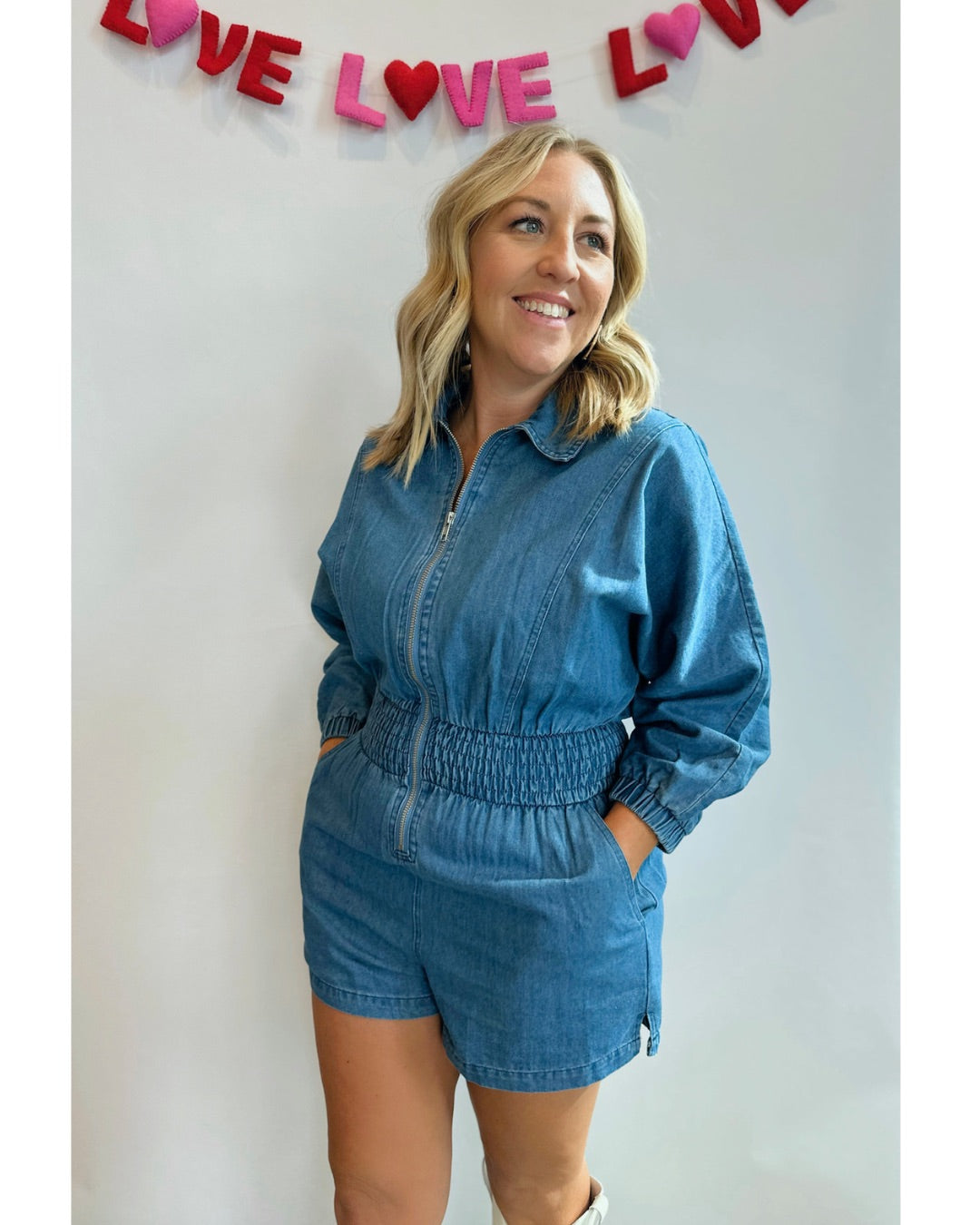 Turn It Around Collar Zip Front Long Sleeve Denim Romper