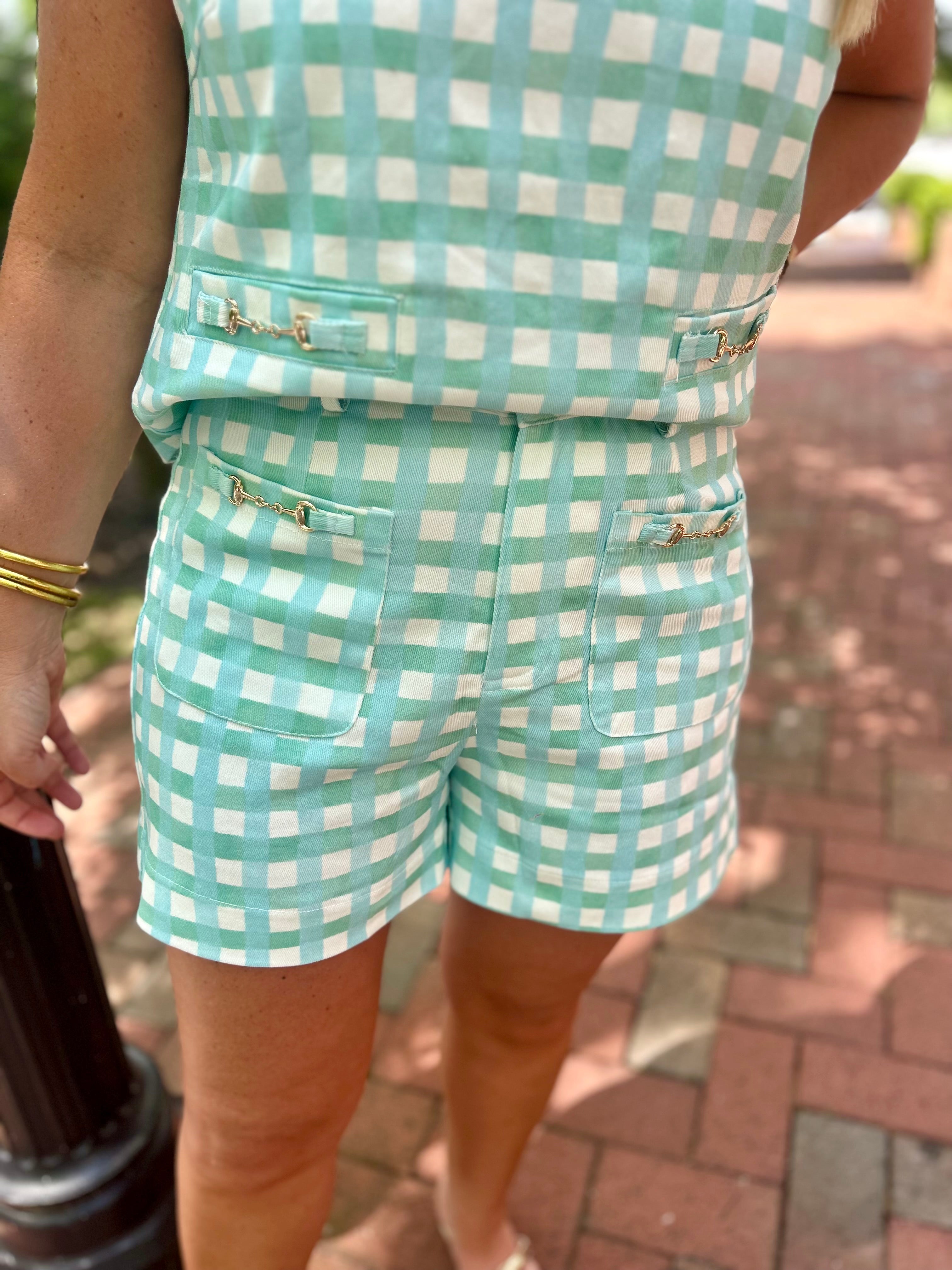Thin Mint Gingham Print High Rise Shorts w/Gold Accent