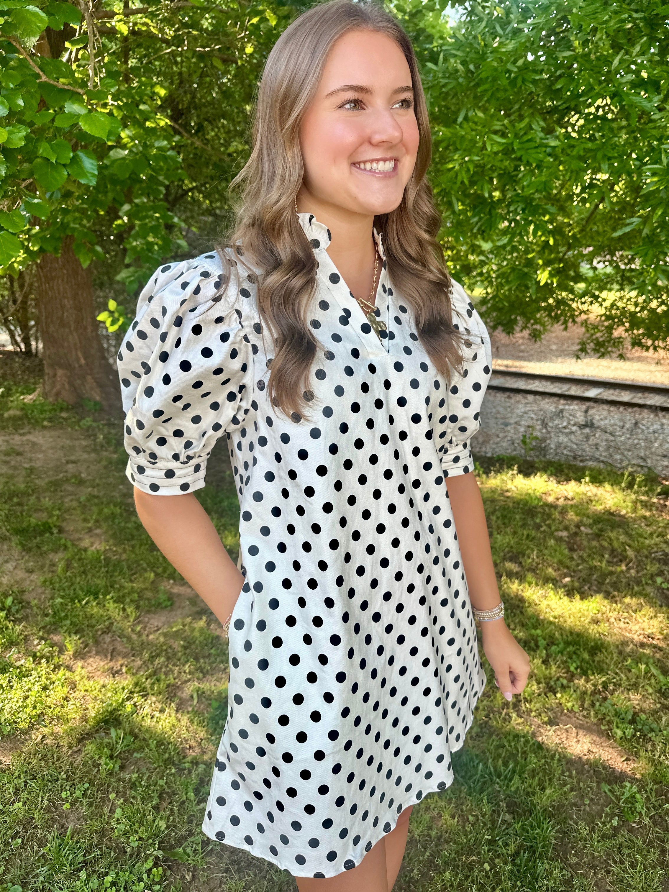Polka Dot Girl Mini Dress with Puff Sleeves