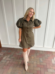 Really Happy Puff Sleeve Suede Button Down Dress-Olive