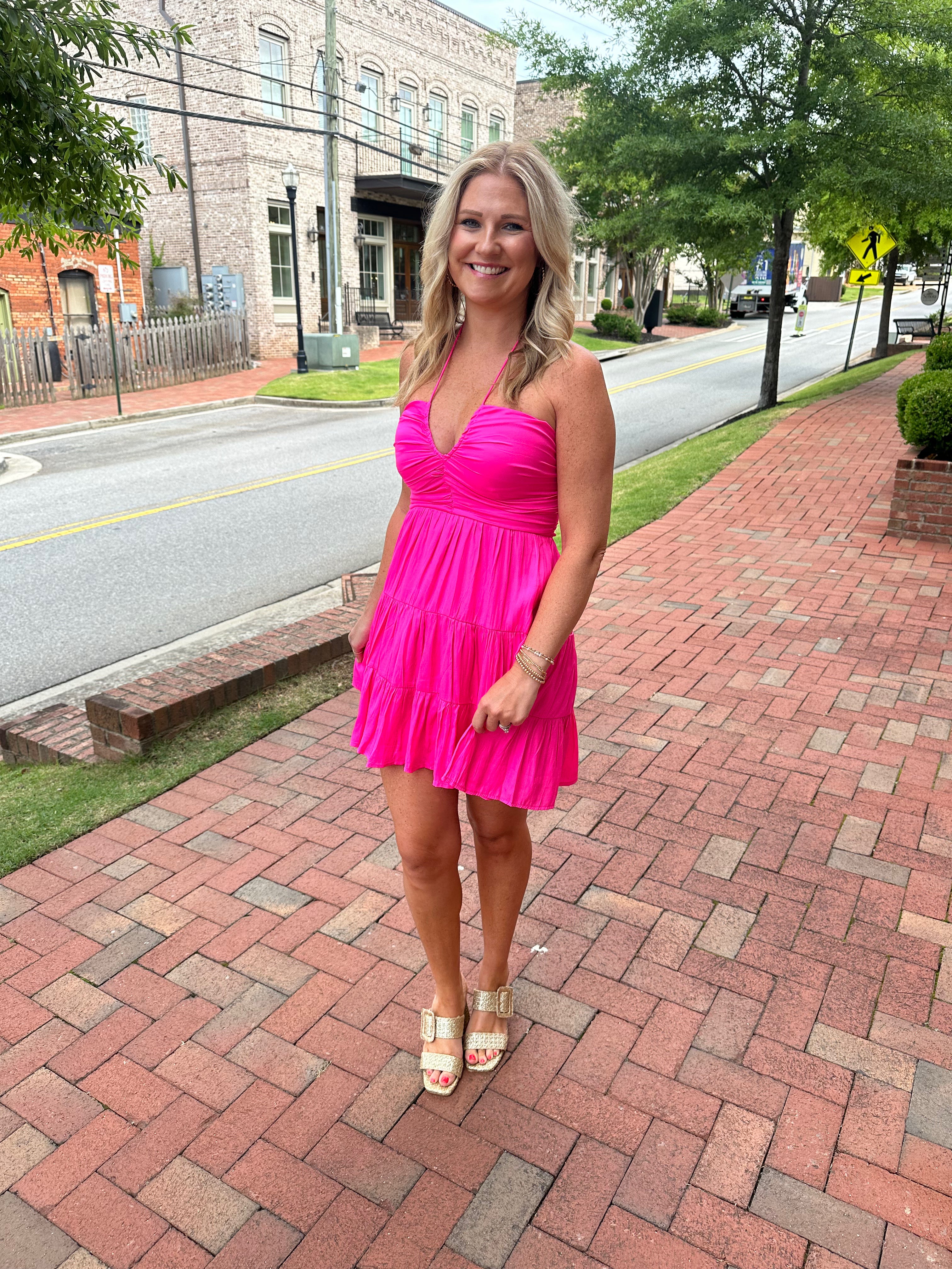 Beautiful Disaster Halter V Notched Tiered Mini Dress in Shocking Pink