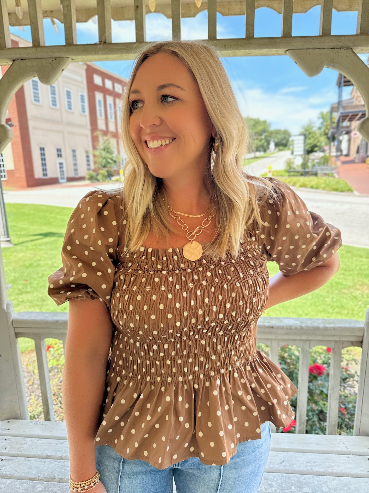 Everyday Elegance Polka Dot Smocked Peplum Top