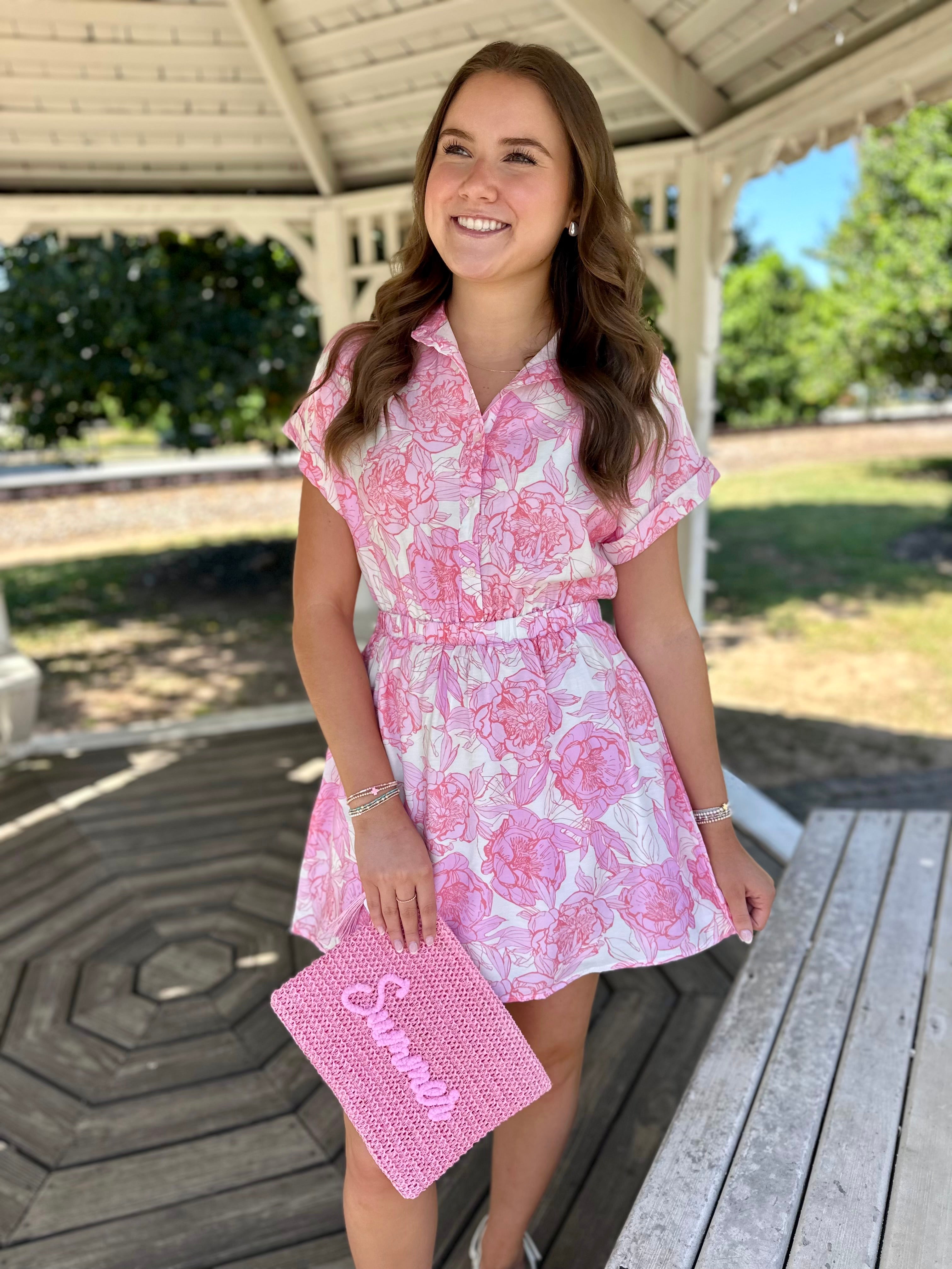 Pink Blossom Collared Dress with Elastic Waist
