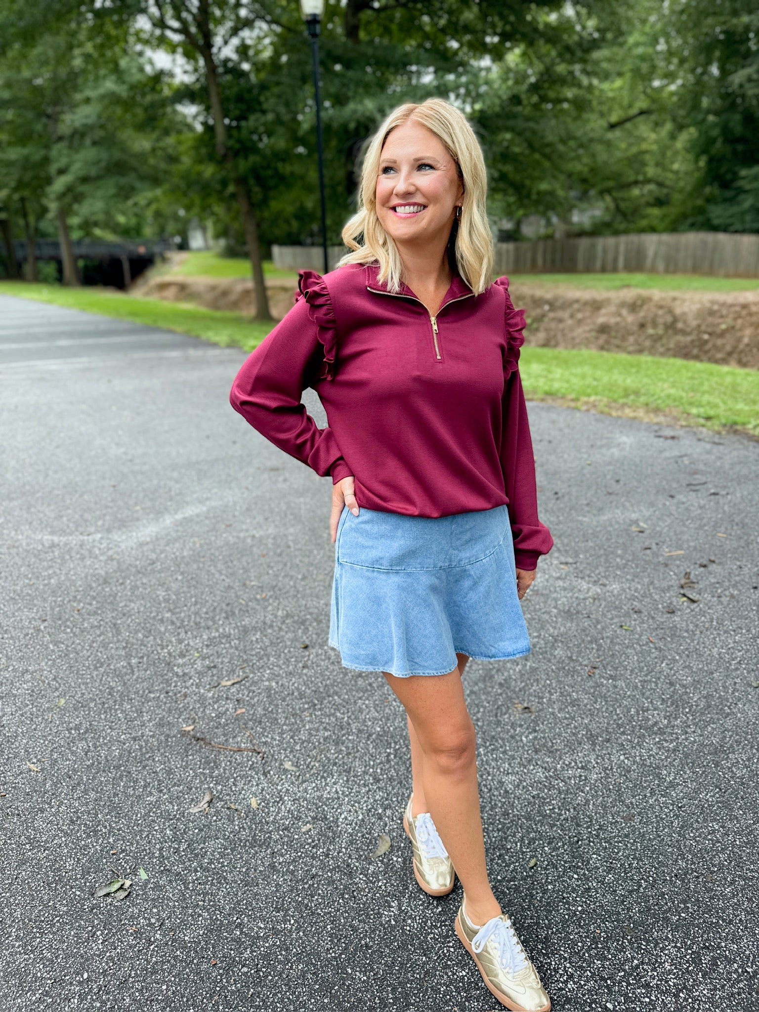 Catch A Feeling Luxe Knit Ruffle Long Sleeve Half Zip Top in Wine