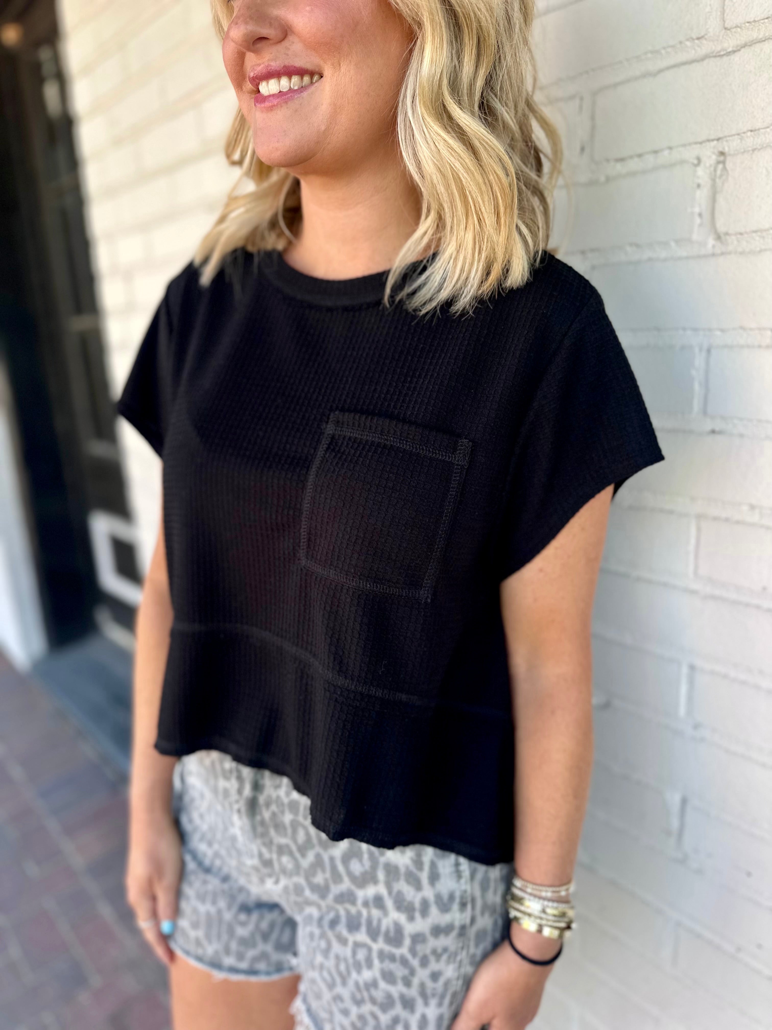 Weekend Waffle Knit Oversized Tee with Pocket in Black