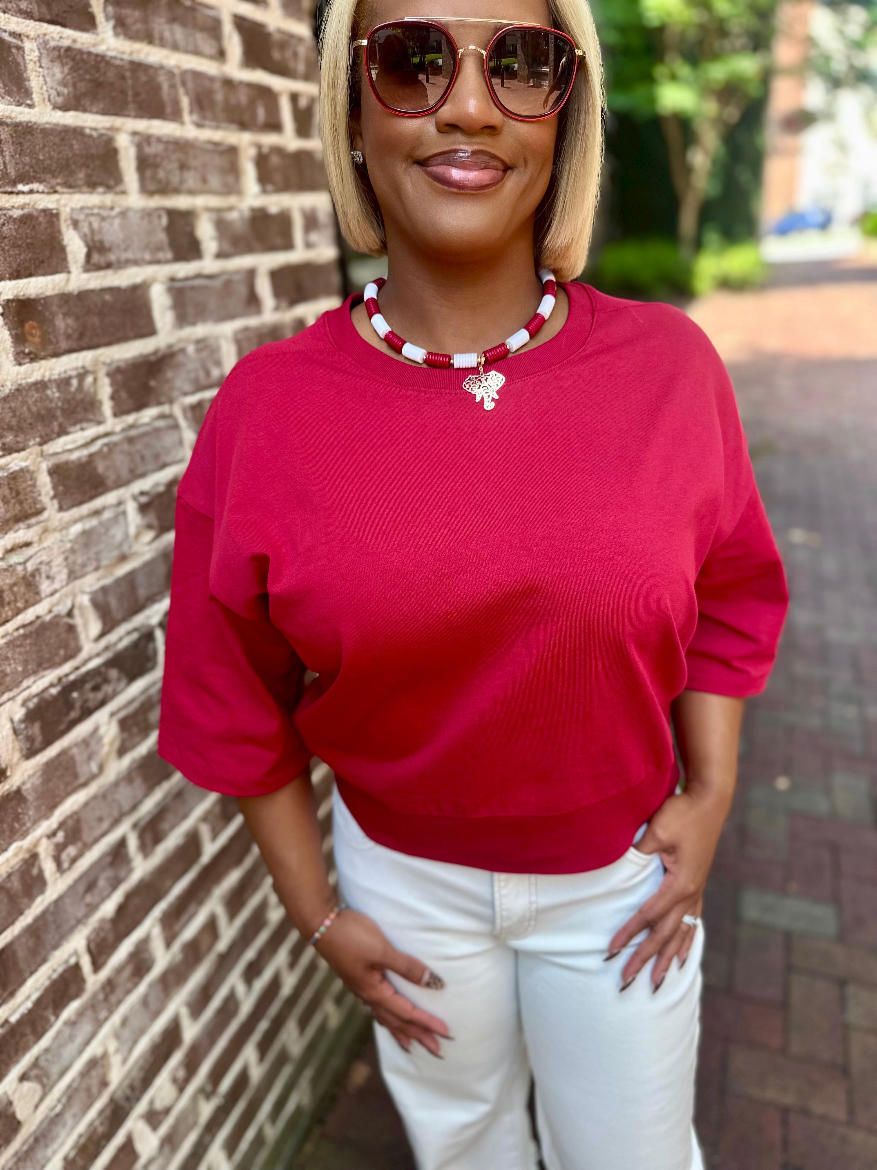 Favorite Season Round Neck Rib Band Short Sleeve in Red