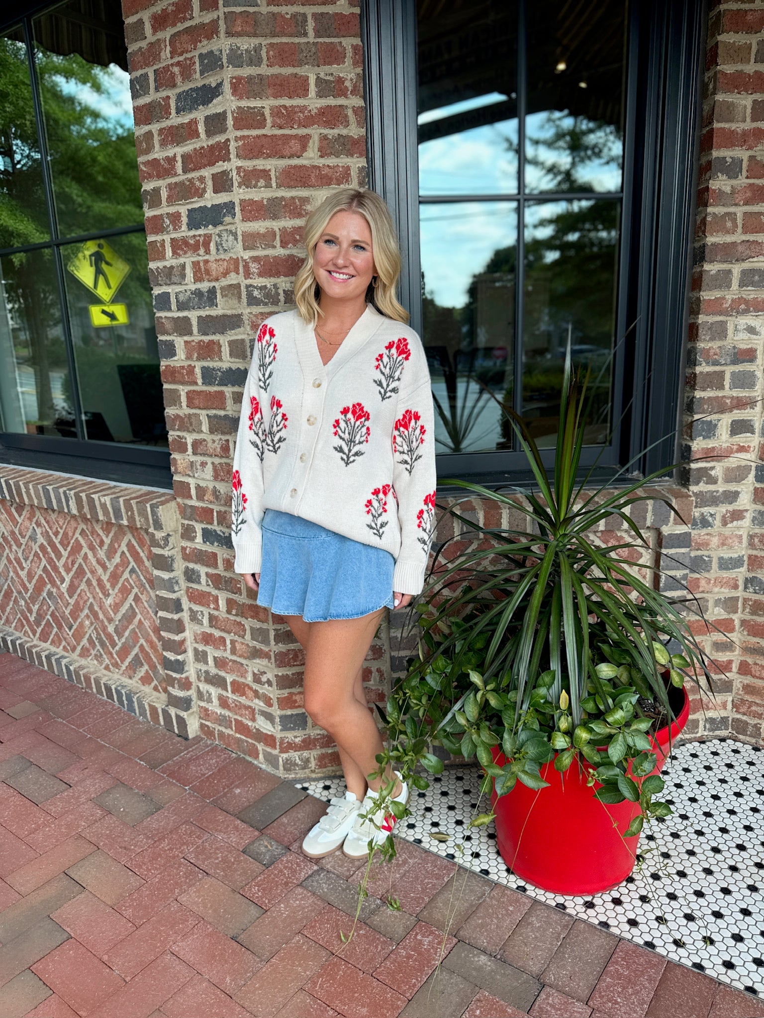 Rose Garden Floral Stem Button Down Cardigan Sweater