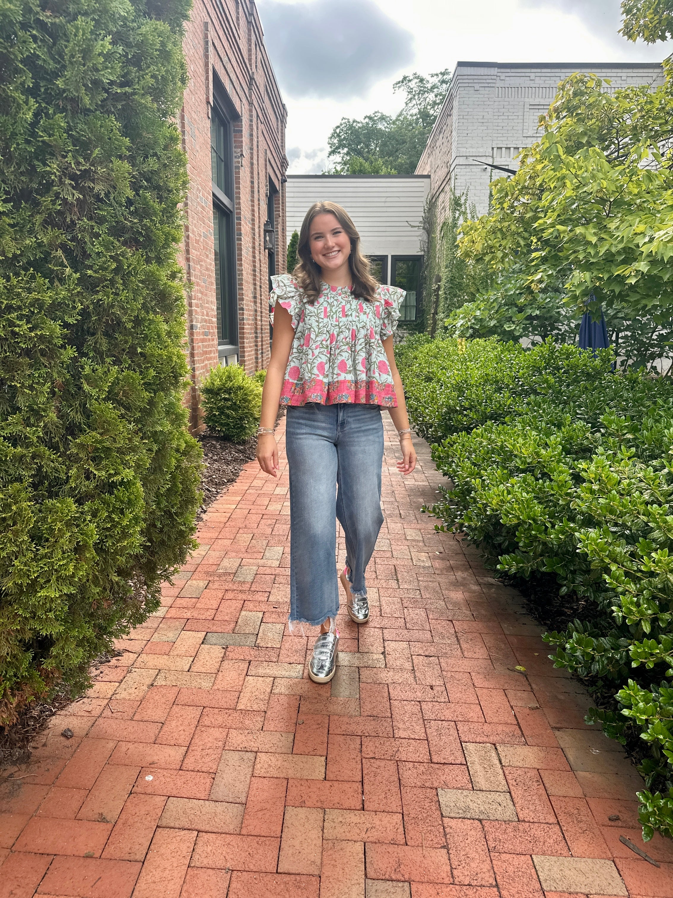 Southern Girl Flutter Sleeve Pleated Floral Top