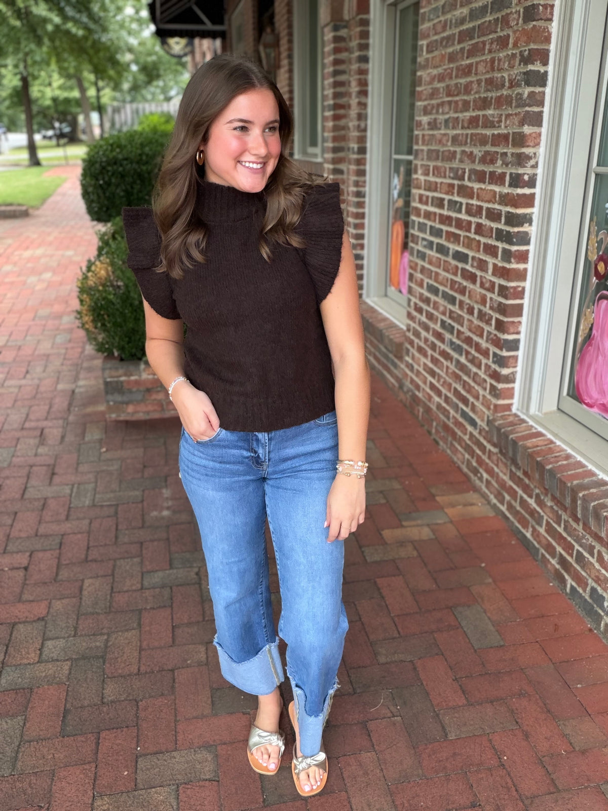 Ruffle Sleeve Mock Neck Ribbed Sweater In Dark Brown