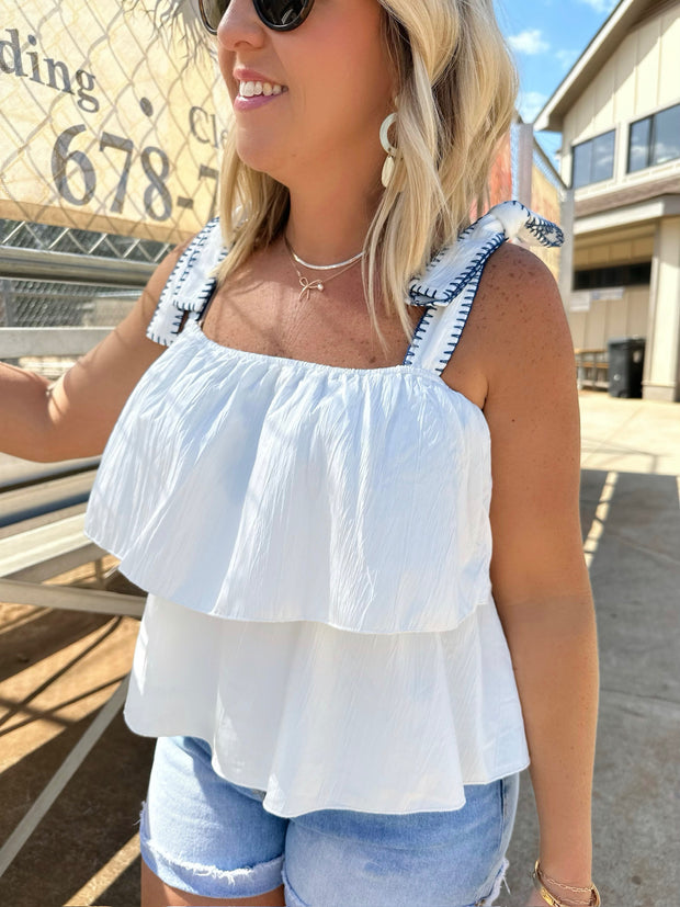 Tie in a Bow Ruffle Tiered Sleeveless Top- Navy/White