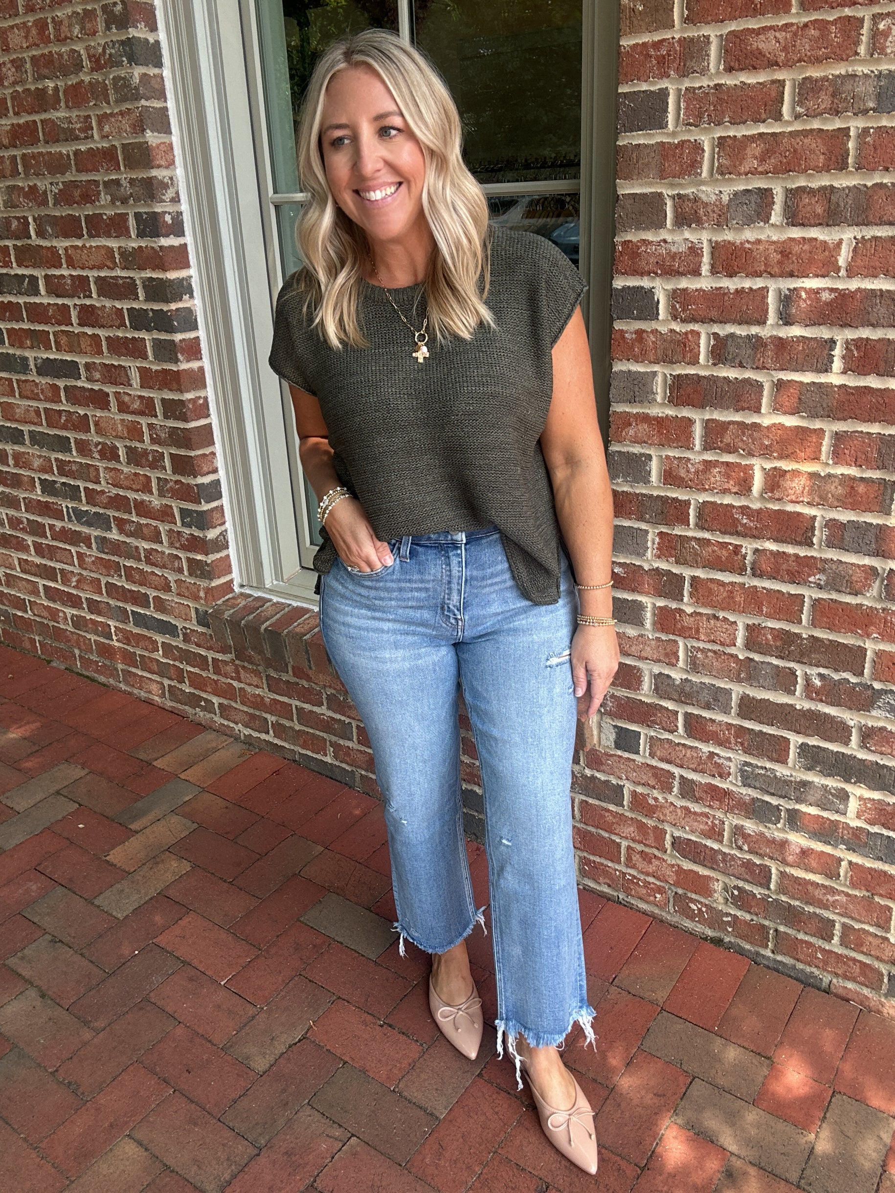 Here I Go Again Knit Short Sleeve Top in Olive