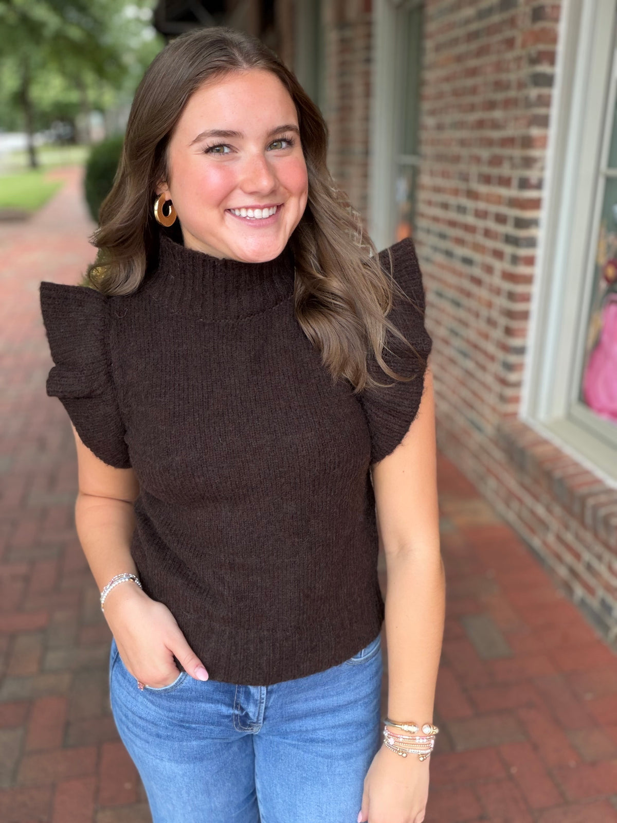 Ruffle Sleeve Mock Neck Ribbed Sweater In Dark Brown