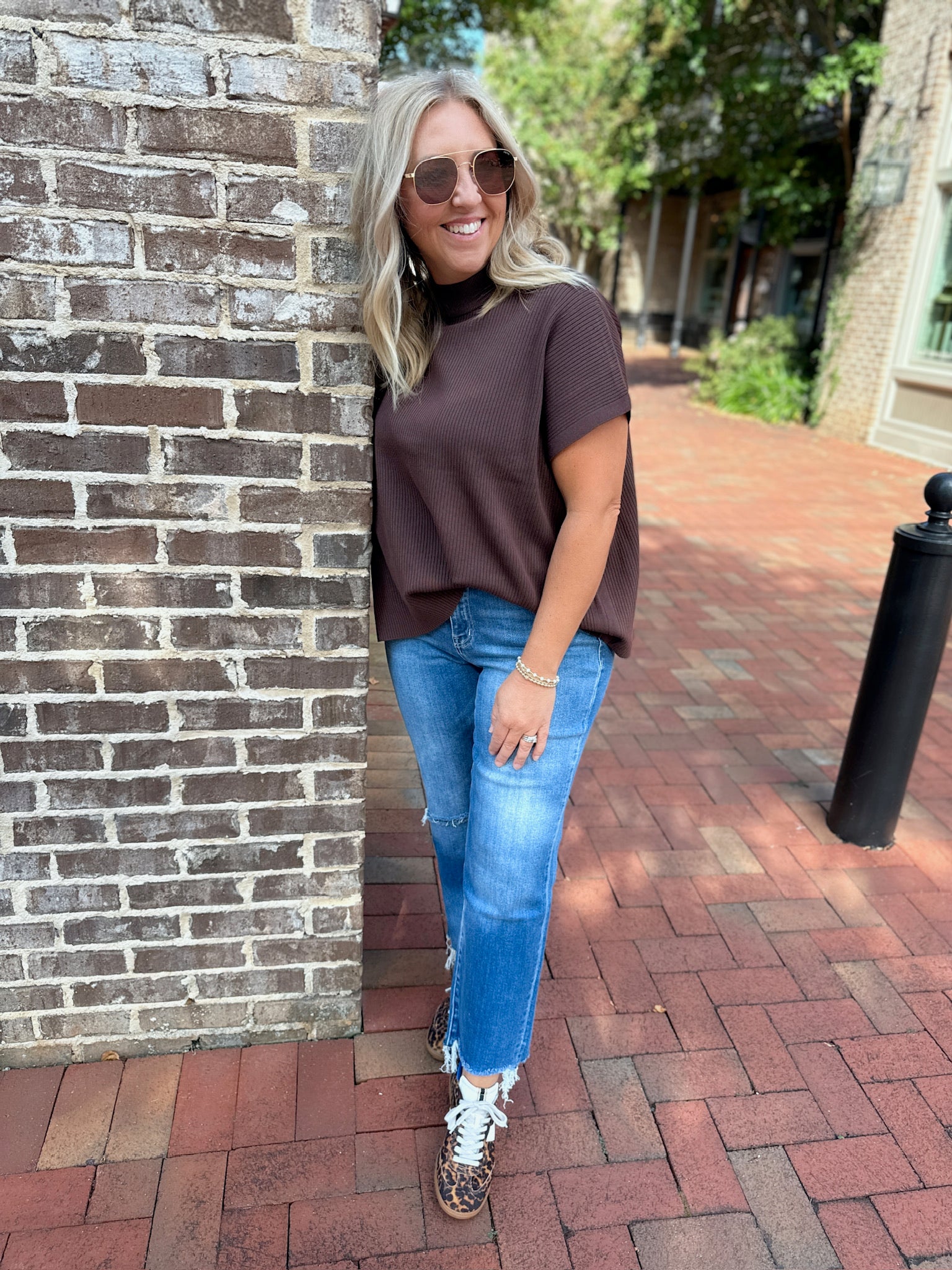 Thinking About Me Mock Neck Short Sleeve in Brown