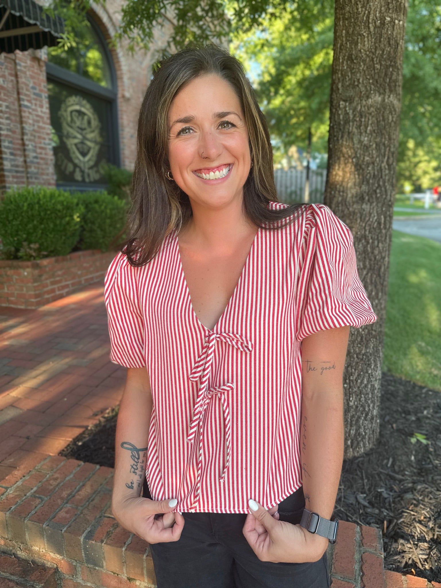 Here For The Fit Striped V Neck Bow Detail Puff Sleeve Top