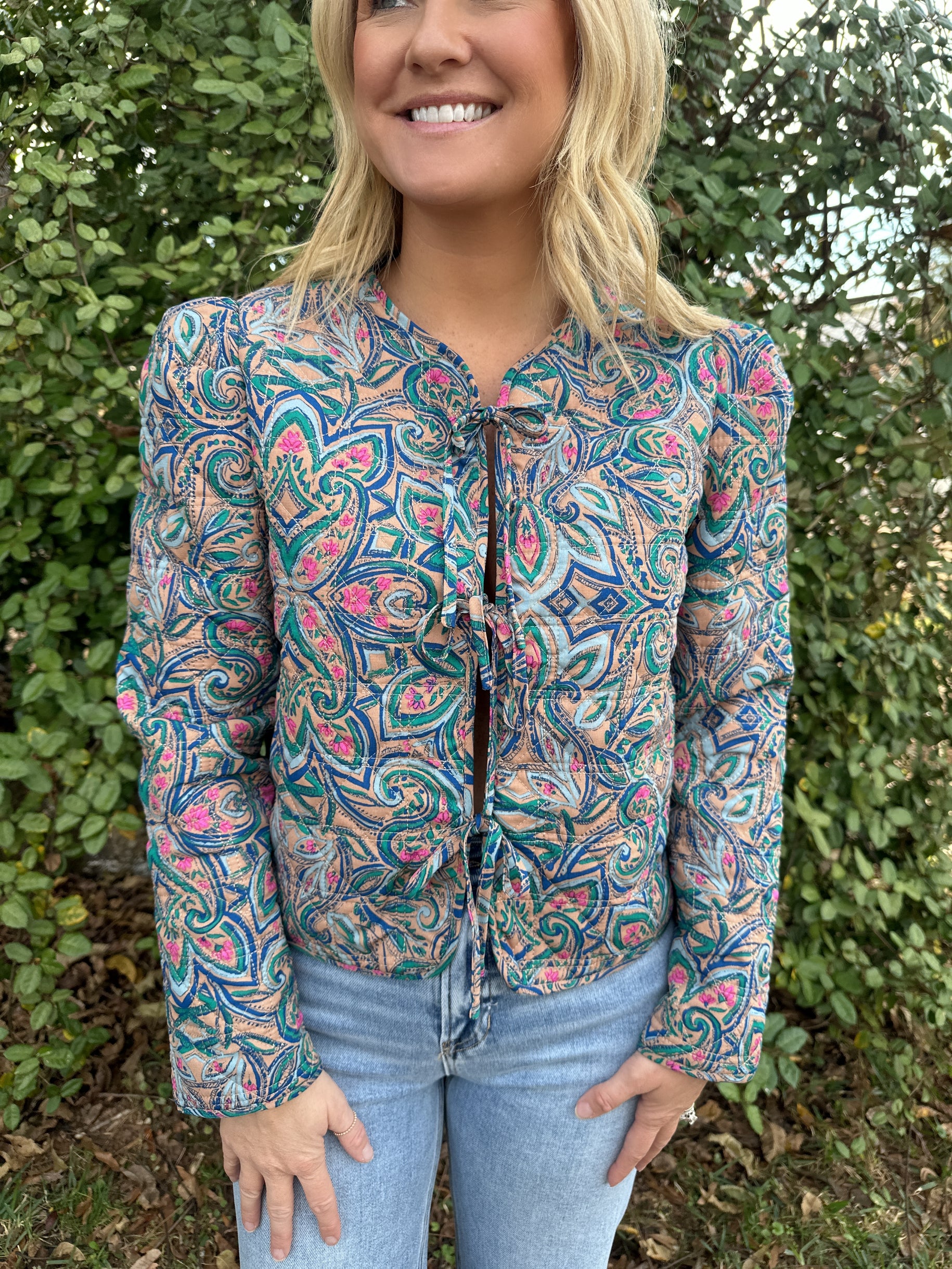 Dreaming of This Paisley Print Tie Up Quilted Jacket