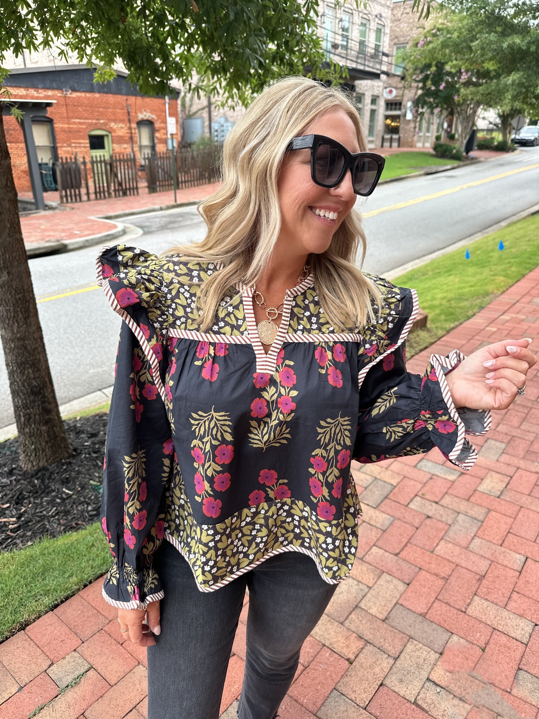 Falling into Florals Multi Print Long Sleeve with Ruffles in Black