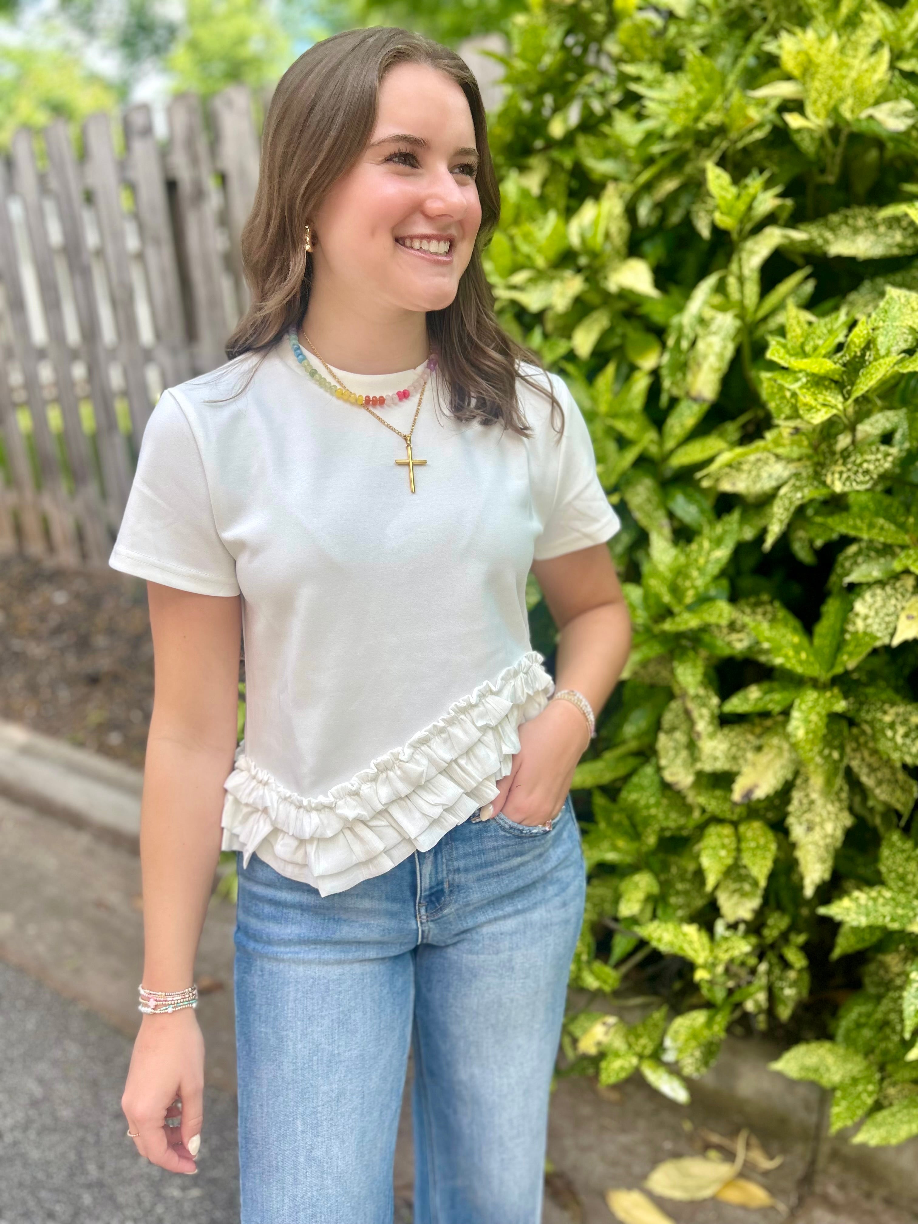 Too Soon Ruffle Asymmetrical Hem Short Sleeve Top