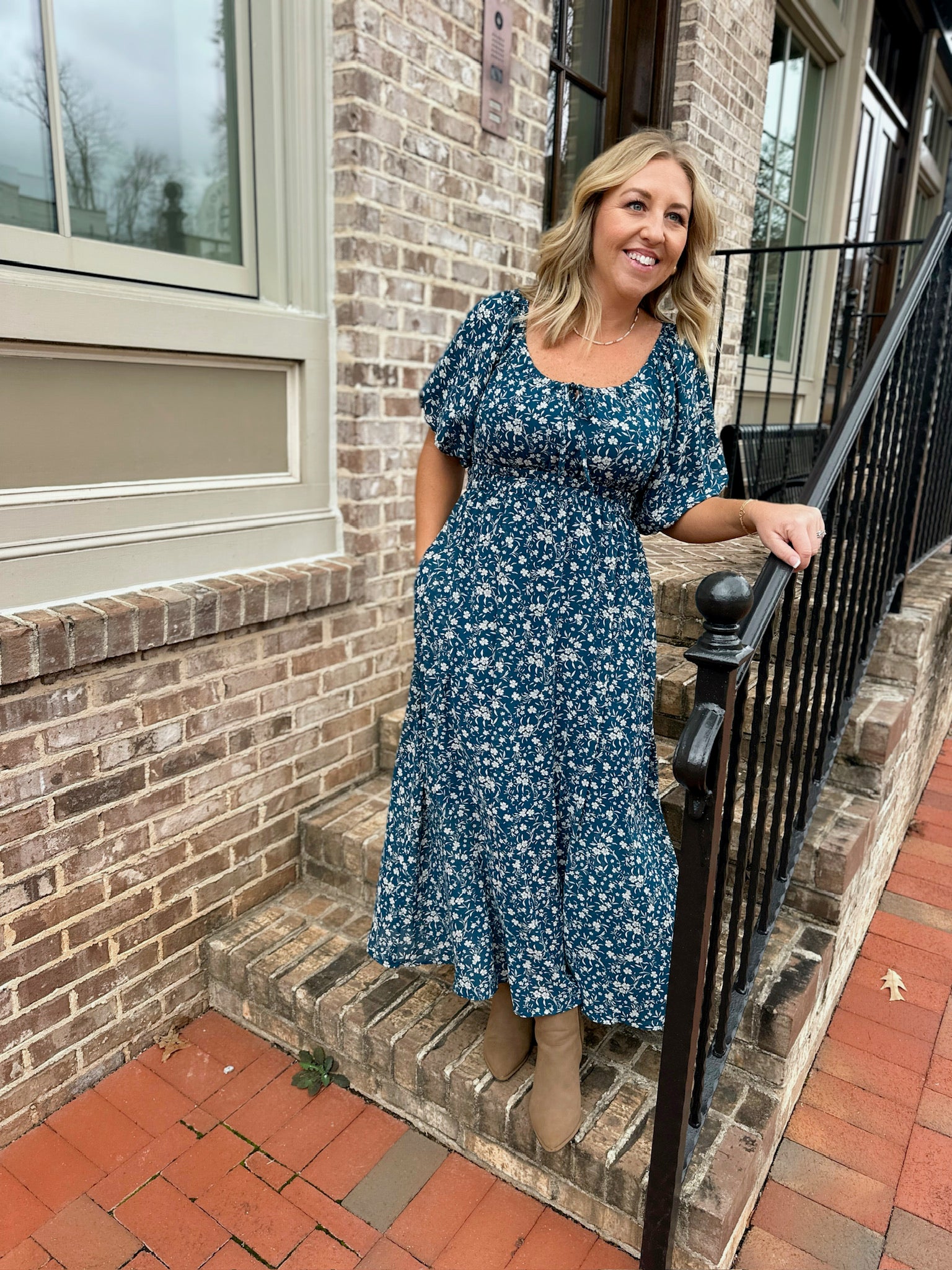 Beautiful Day Floral Front Tie Smocked Waist Midi Dress