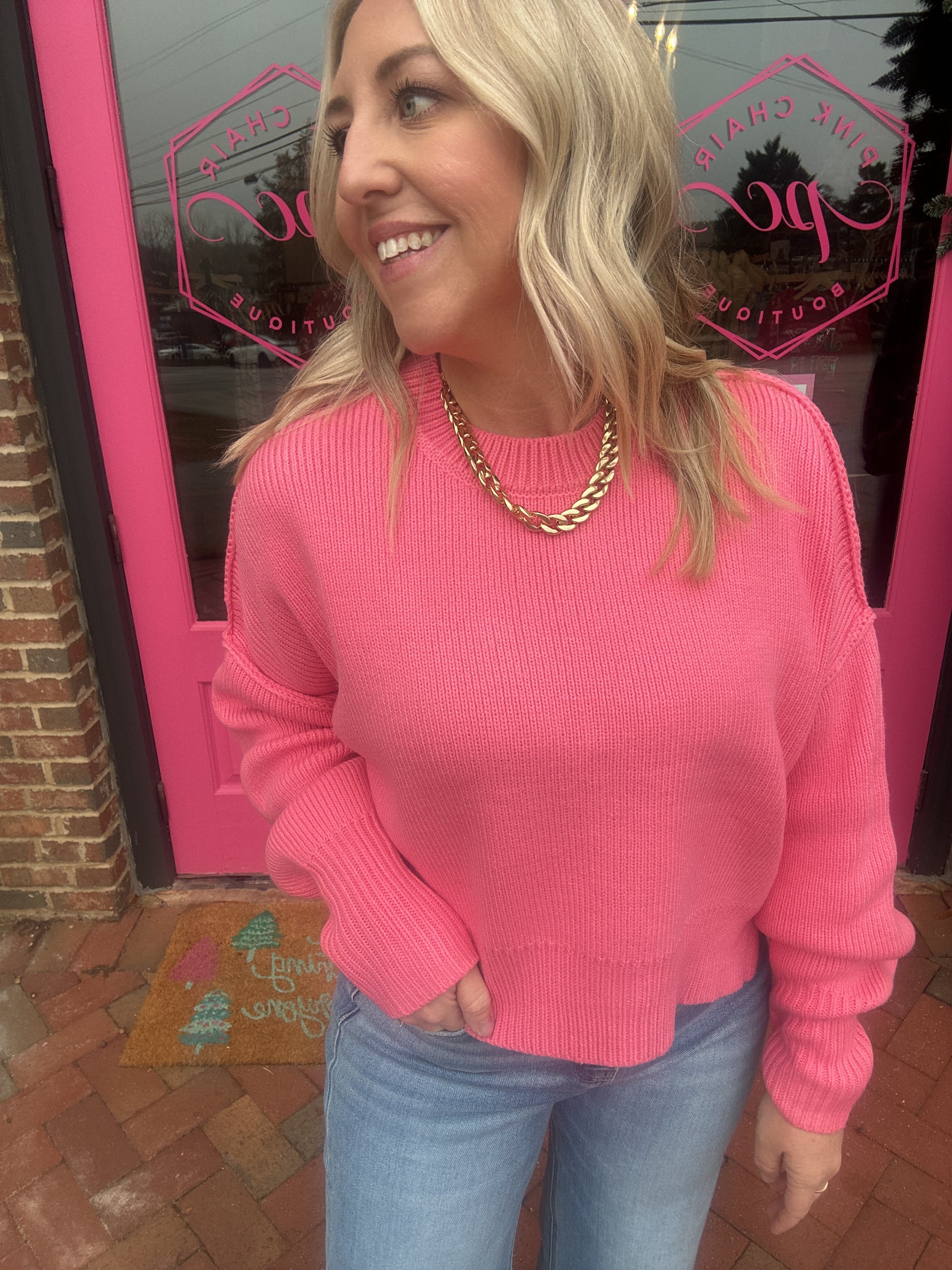Mae Long Sleeve Wide Neck Sweater in Taffy Pink