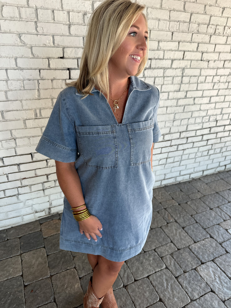 Everybody Talks Denim Front Pocket Collar Short Dress