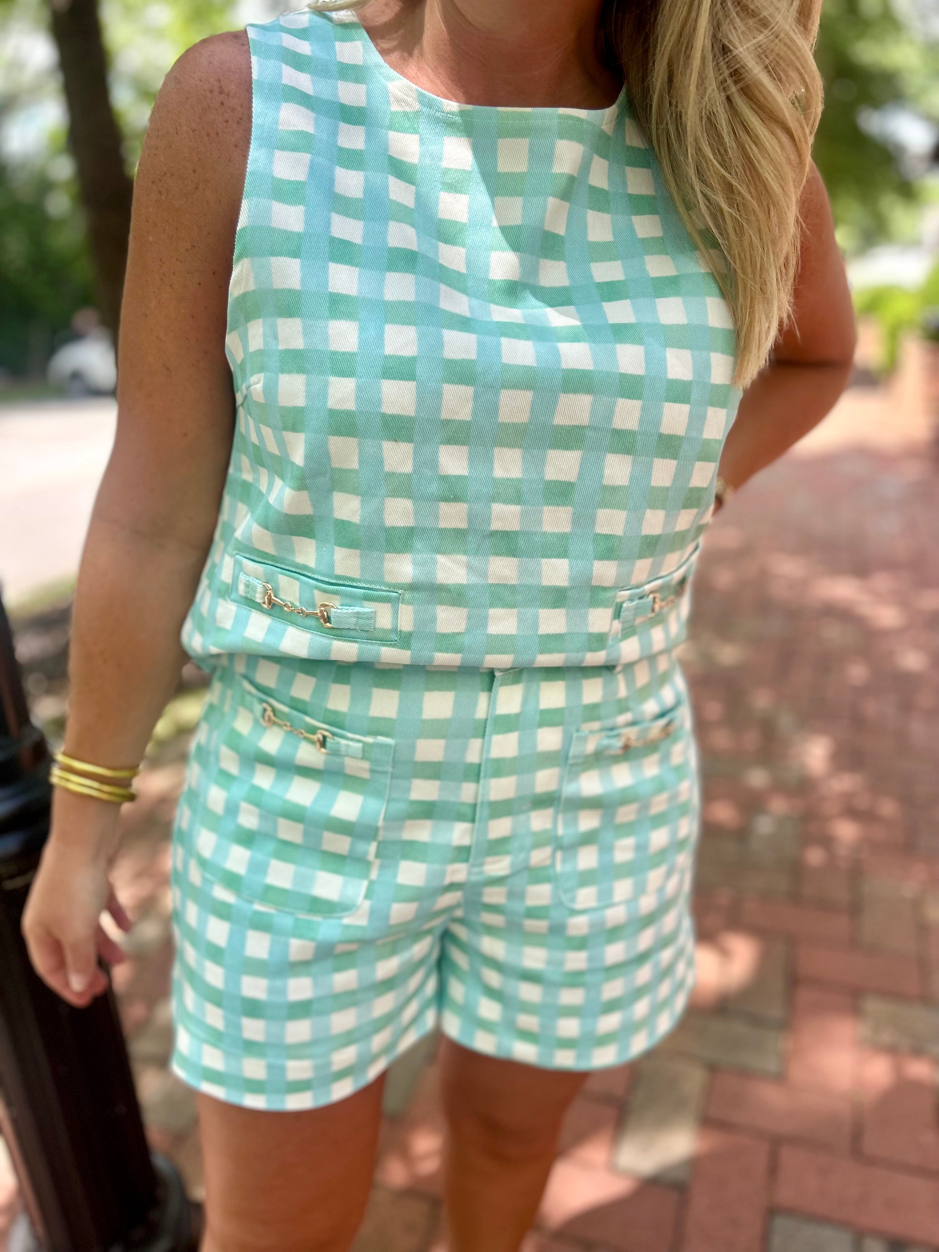 Thin Mint Gingham Print Sleeveless Top w/Gold Accent