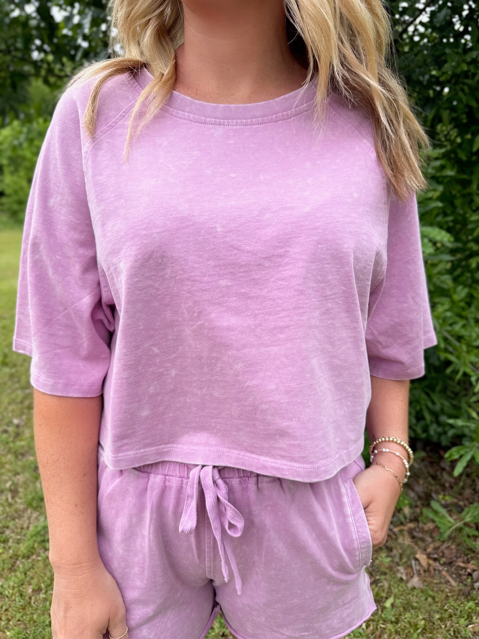 Count Me In Crop Short Sleeve Top With Elastic Waisted Short Set