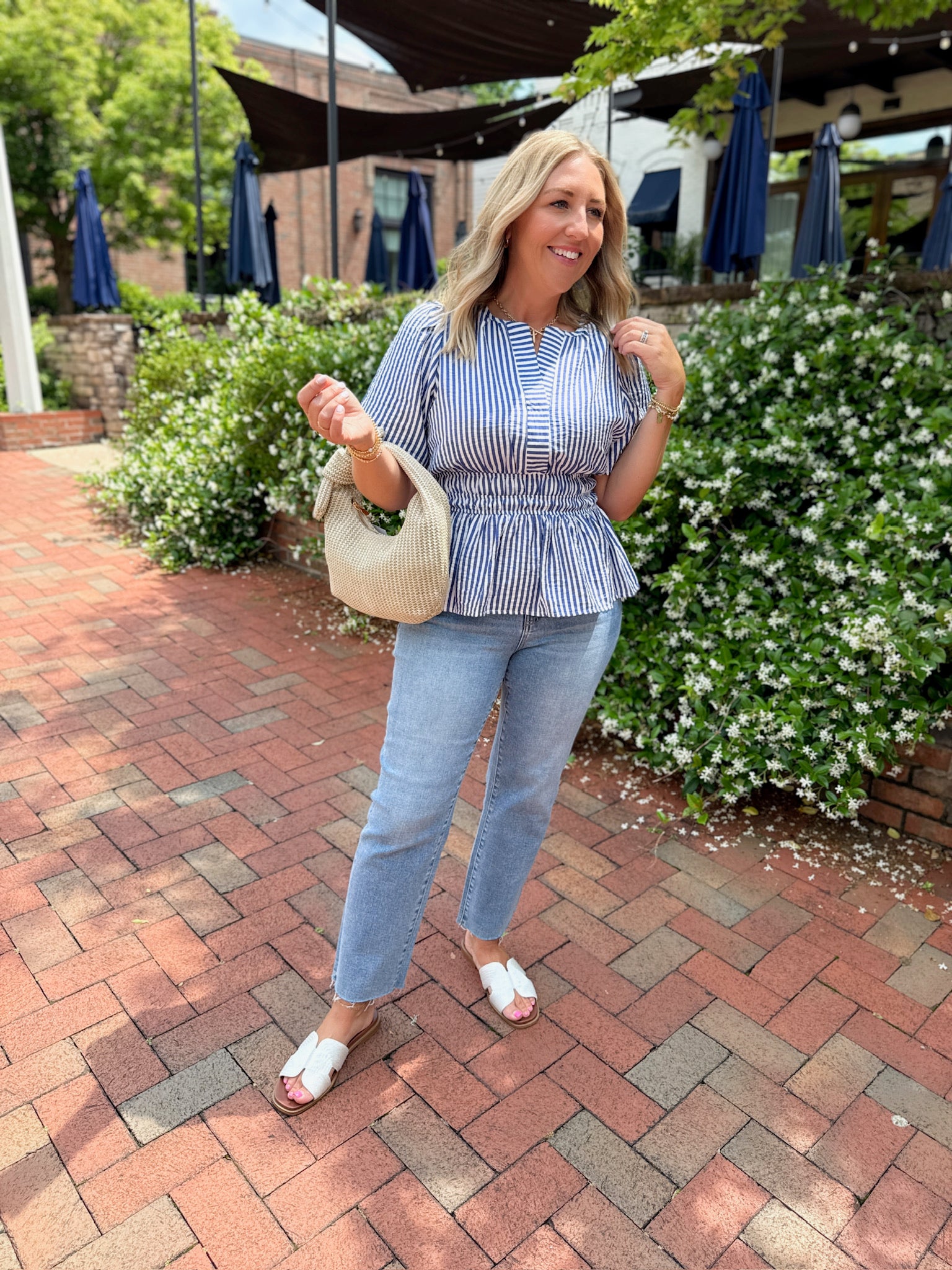 Make A Living Striped Navy Top with Elastic Waist Short Sleeve Top