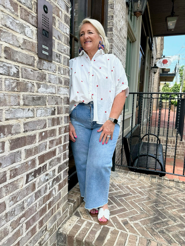 Stars All Over White Button Down Collard Top