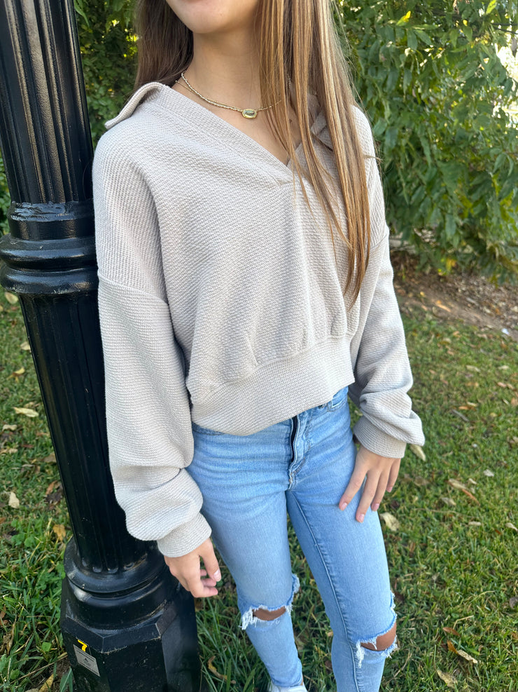 If You Only Knew Collared Crop Knit Long Sleeve Top-Taupe