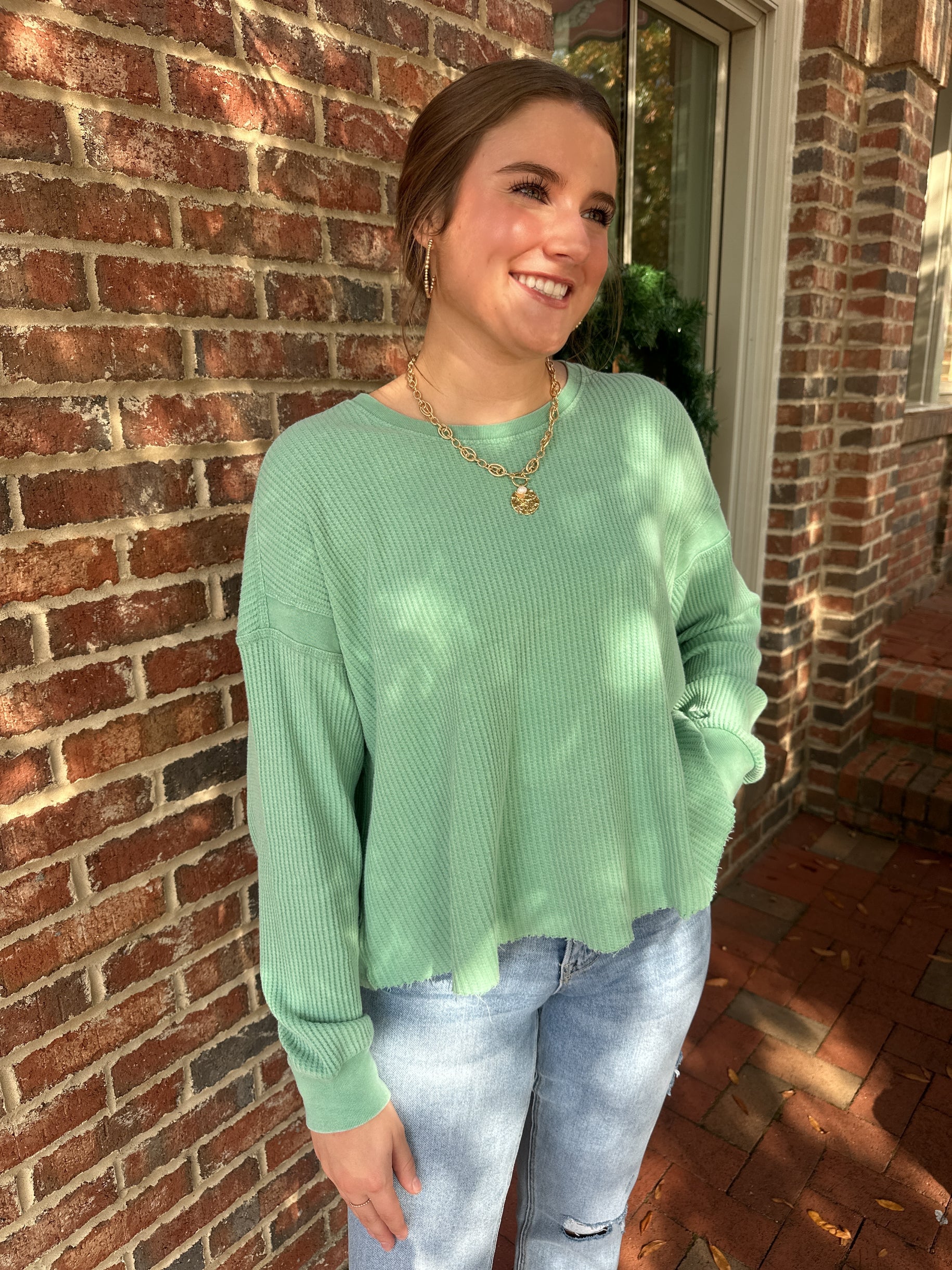 Contrast To You Open Back Waffle Knit Top in Emerald